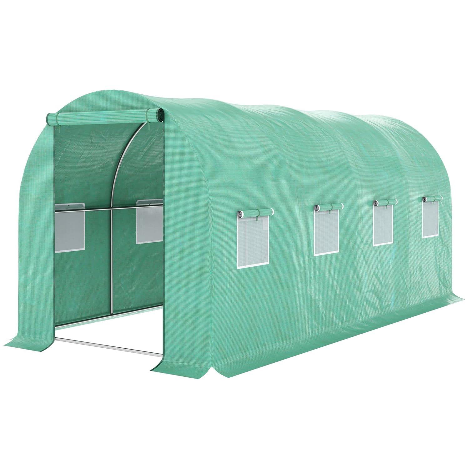 Outsunny 10' x 10' x 6.5' Walk-in Tunnel Hoop Greenhouse, Polyethylene PE Cover, Steel Frame, Roll-Up Zipper Door & Windows for Flowers, Vegetables