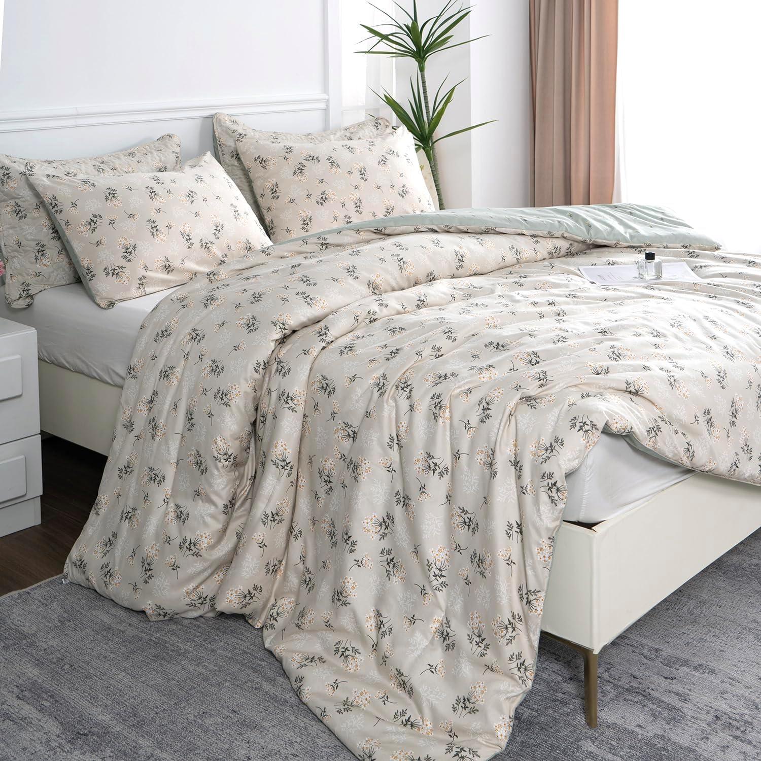 Floral Comforter Set King 3 Pieces Soft Chic Garden Style Green Floral Print Lightweight Botanical Flower Comforter Set for All Seasons 1 Comforter and 2 Pillowcases