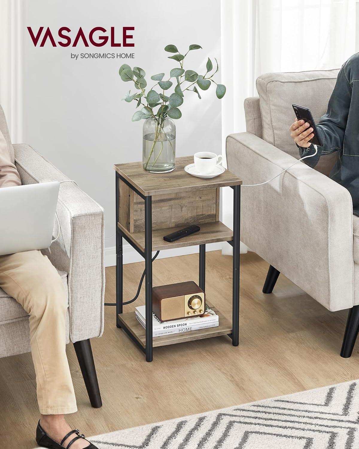 Camel Brown and Black Metal 3-Tier End Table with Charging Station