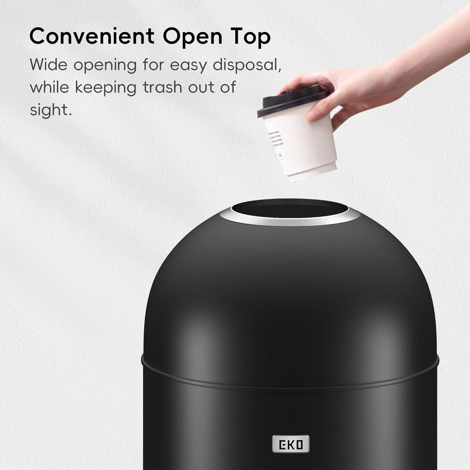 EKO 56L Eternal Black Open Top: Stainless Steel Indoor Trash Can, 13 Gallon Capacity, Spot Clean, 15.3" Width