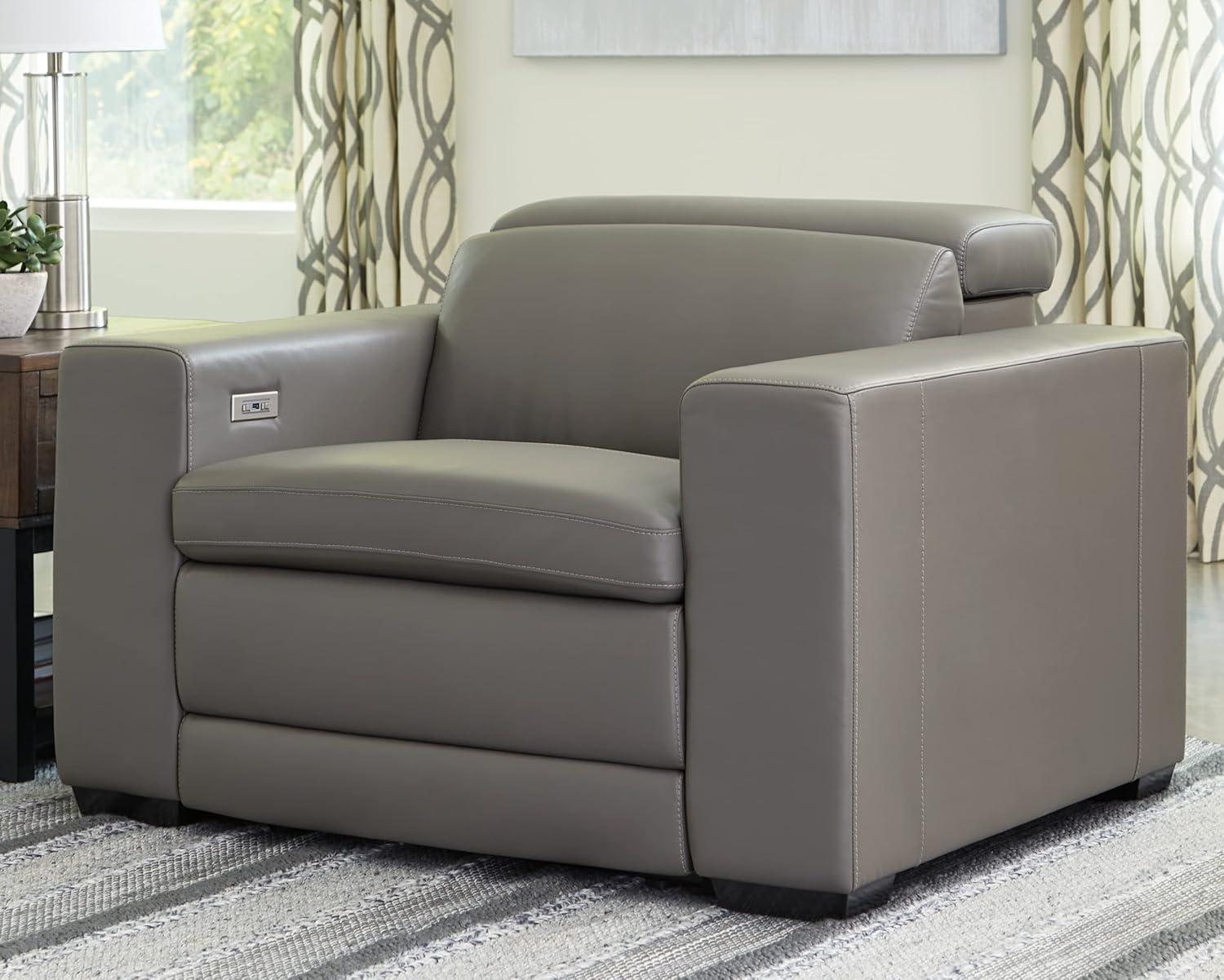 Signature Design by Ashley Texline Leather Power Recliner with Headrest in Gray