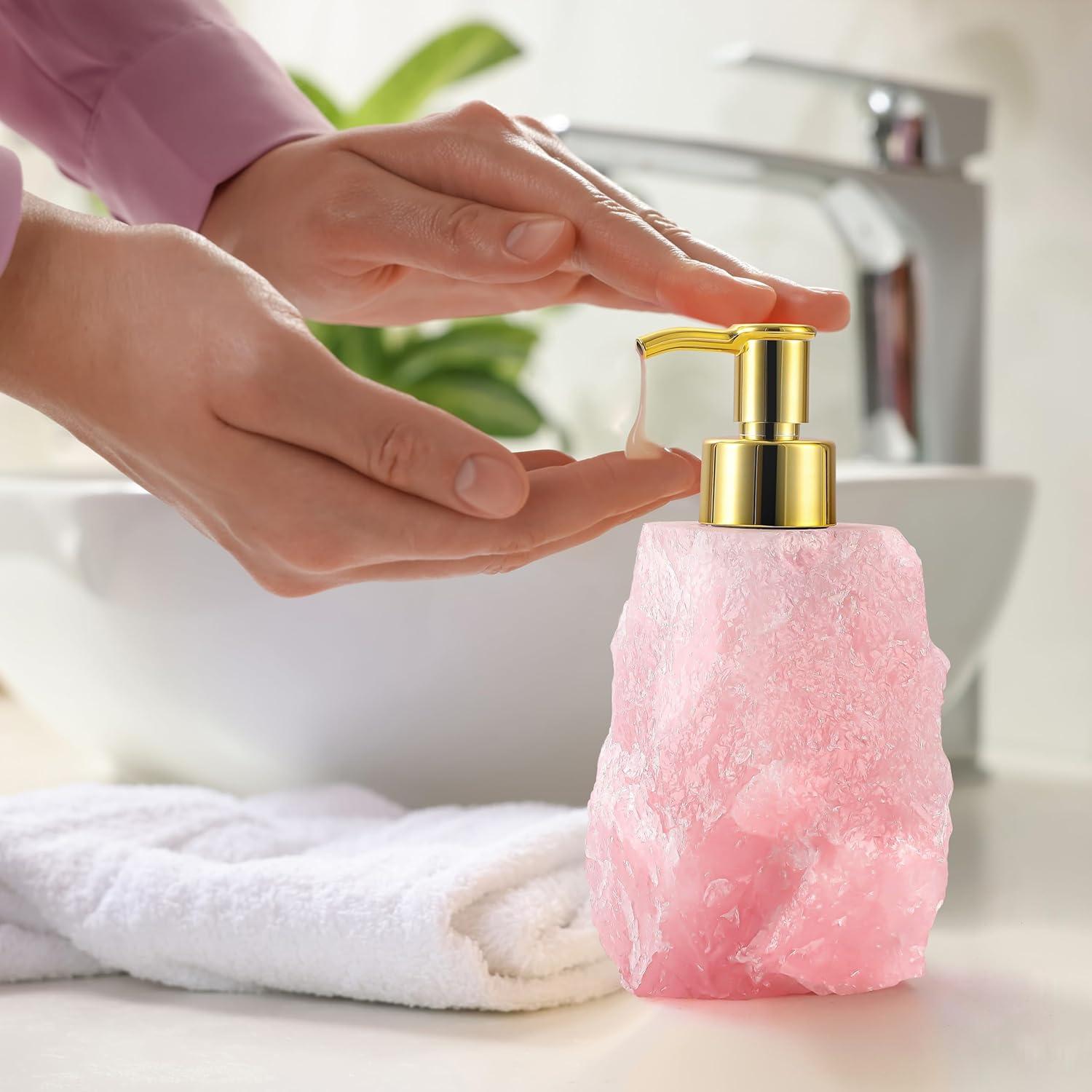 Rose Quartz Crystal Dispenser - Glossy Gold Color Pump - Natural Stone Soap Dispenser for Bathroom