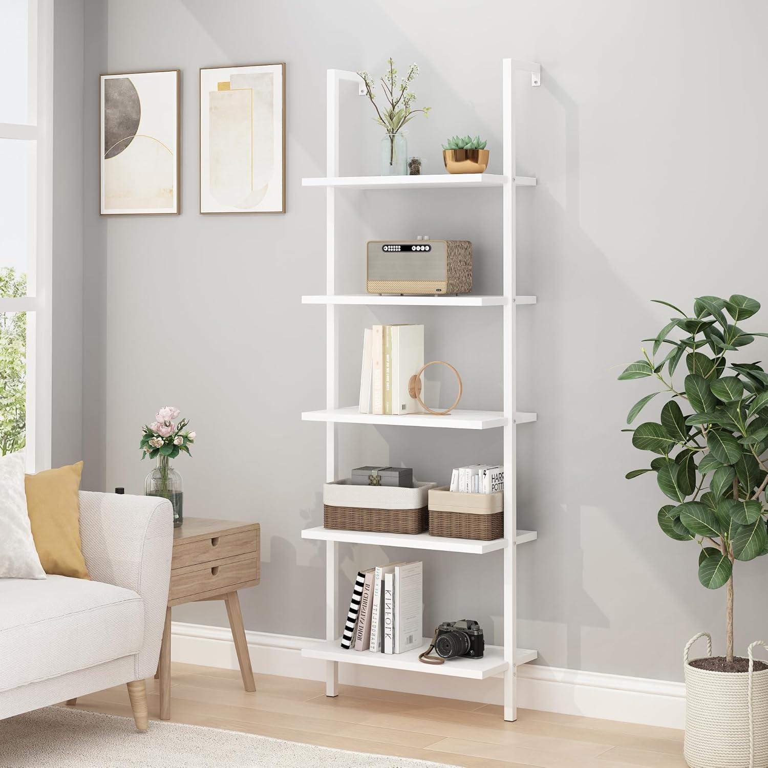 Zimtown 5-Shelf Wood Bookcase, Wall Mounted Learning Ladder Display Rack for Living Room, Bedroom, Office, White Finish