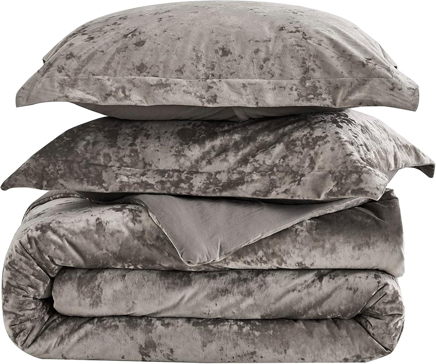 Chezmoi Collection Lux 3-Piece Pewter Gray Shimmer Velvet Bedding Set Full Size Lush Plush Velvet Comforter Set With Soft Brushed Microfiber Reverse