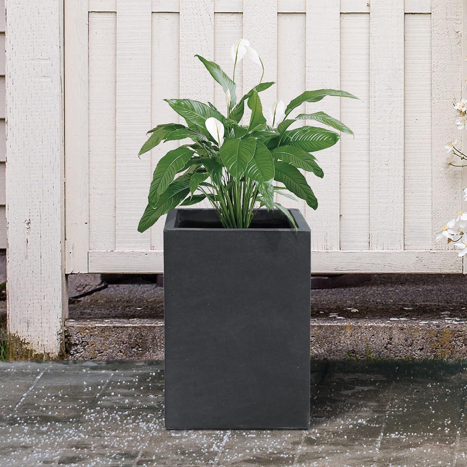 Kante 16"H Charcoal Finish Concrete Tall Square Planter, Outdoor/Indoor Lightweight Planters Pots with Drainage Hole