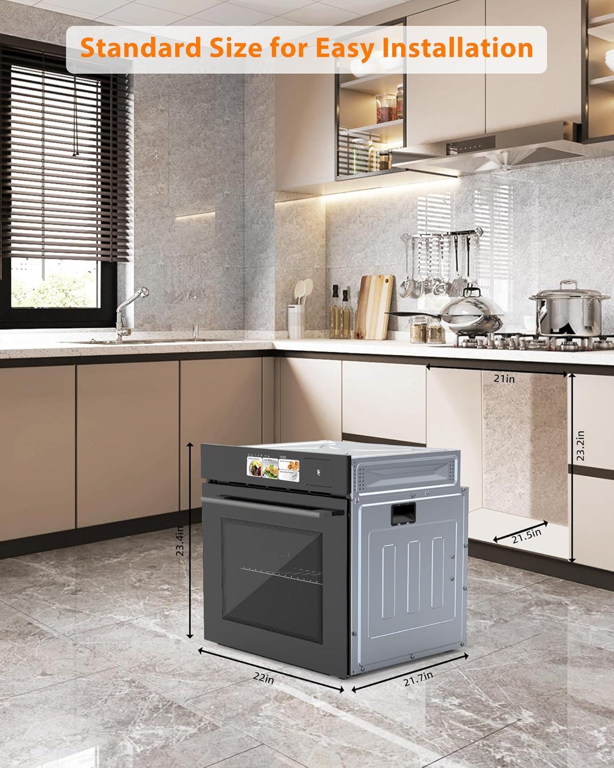 24" Electric Ovens Single Wall Oven,2.5Cu.ft Convection Built-in Oven,with 8 Cooking Mode, 3000W, 240V,  Stainless Steel, Colorful Touch Screen, Transparent Window, Black