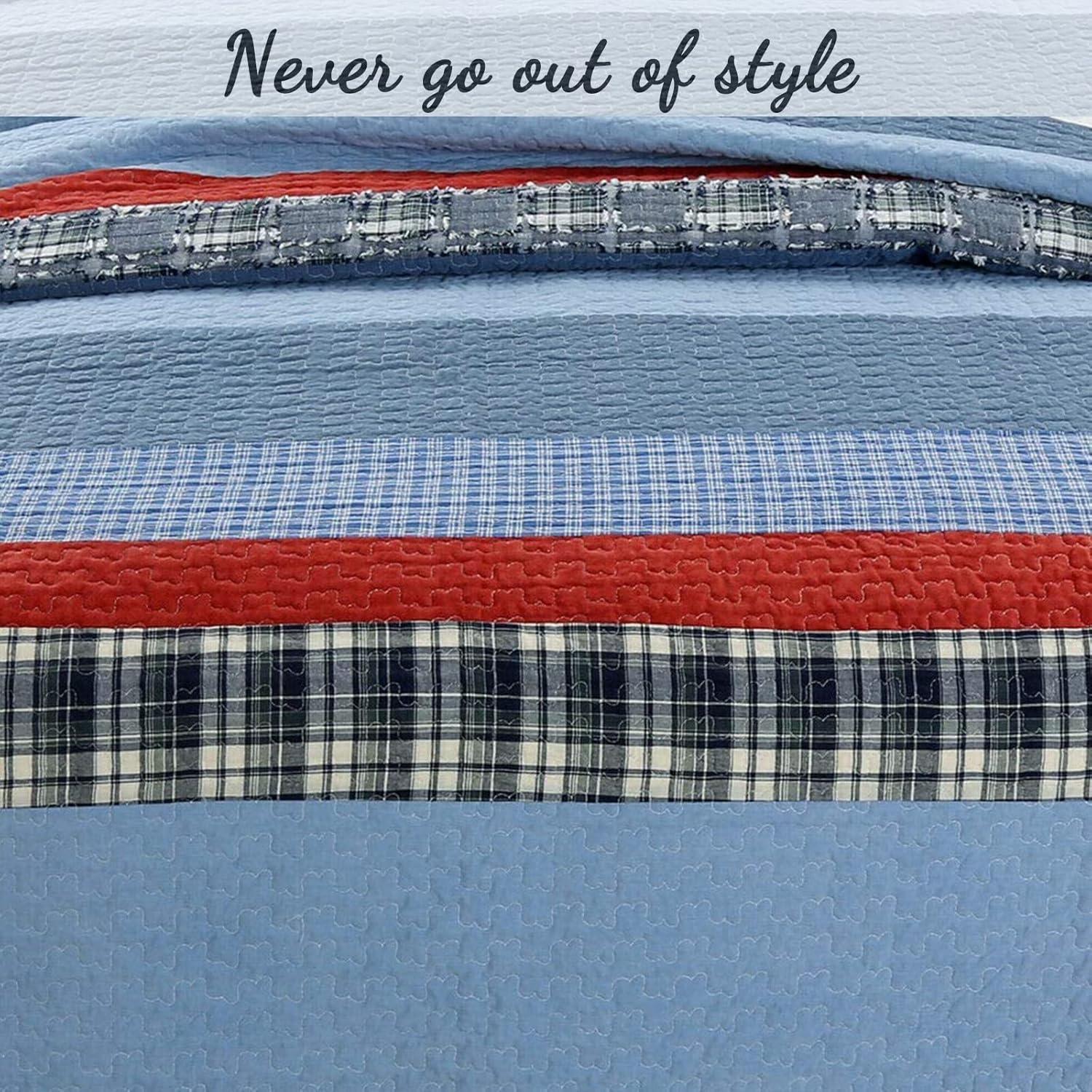 Navy and Red Cotton Reversible Queen Quilt Set