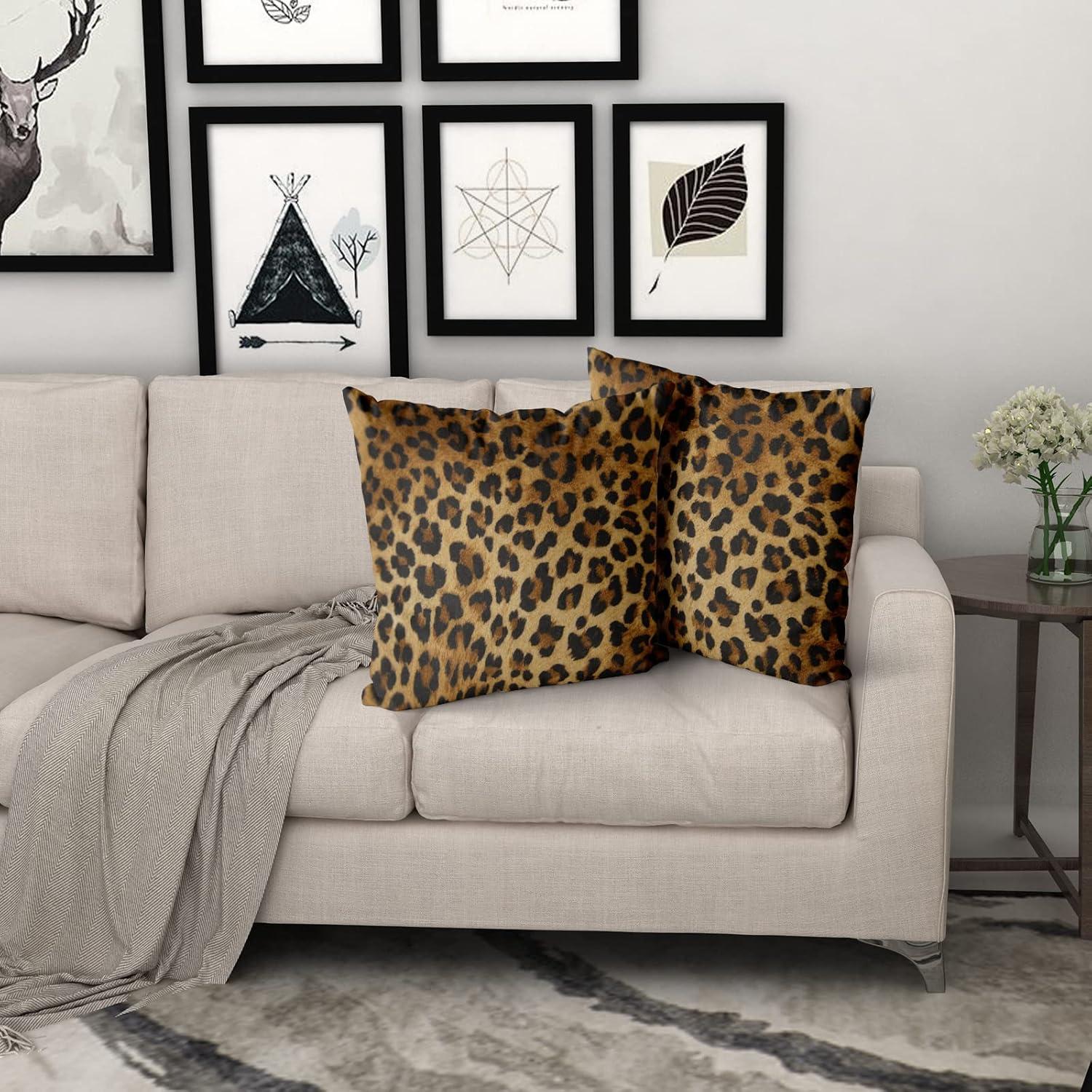 Brown Leopard Throw Pillow Cover - 2 Pcs Cheetah Pillow Case 20x20 inch Cotton Soft Animal Print Pillows Covers Decorative Cushion Cover for Home Couch Bed Sofa Double Side Printed