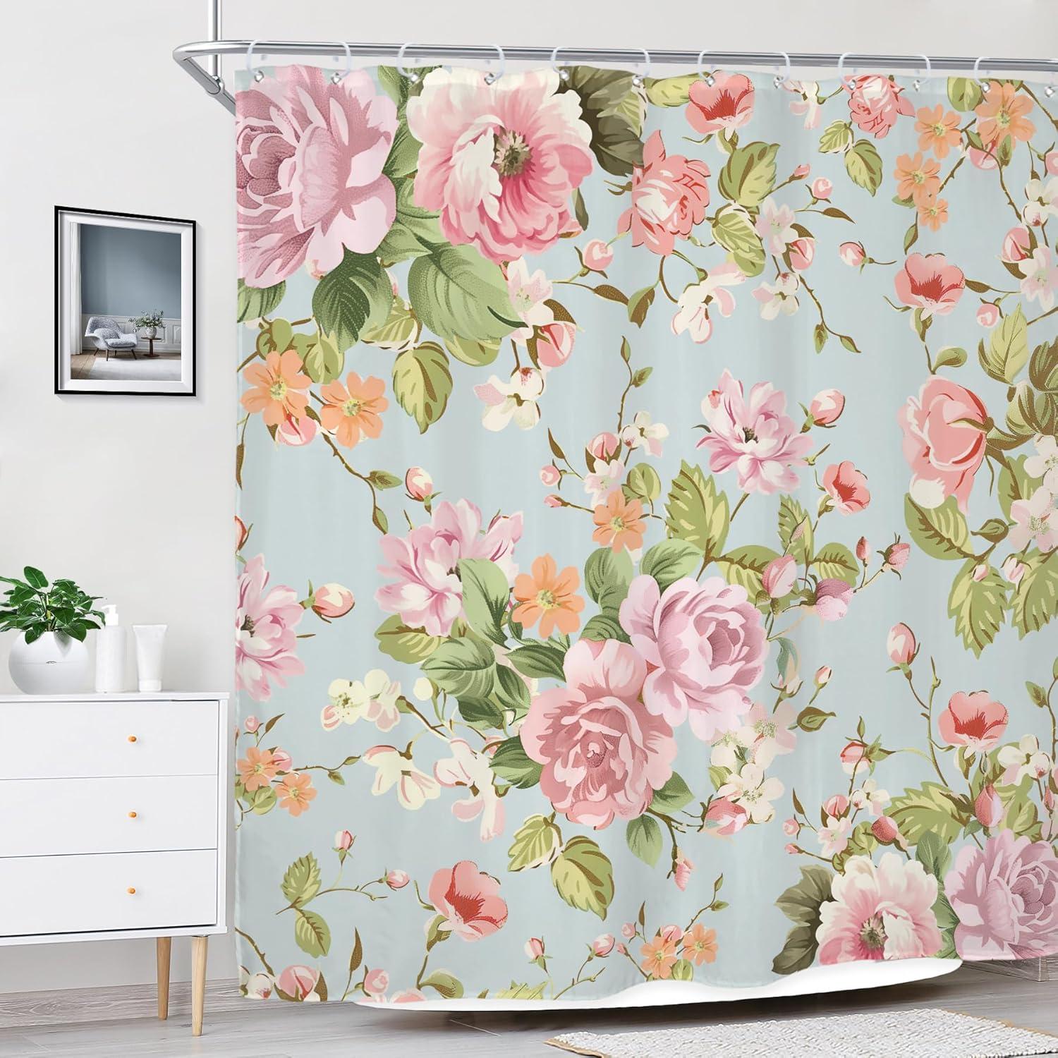 Fabric Pink Flower Shower Curtain for Bathroom 72Wx72H Inch Rose Floral Blooming Green Leaves for Girl Women Bathtub Accessories Decor Rustic Waterproof Fabric Bathroom 12 Pack Hooks WW-NDHC