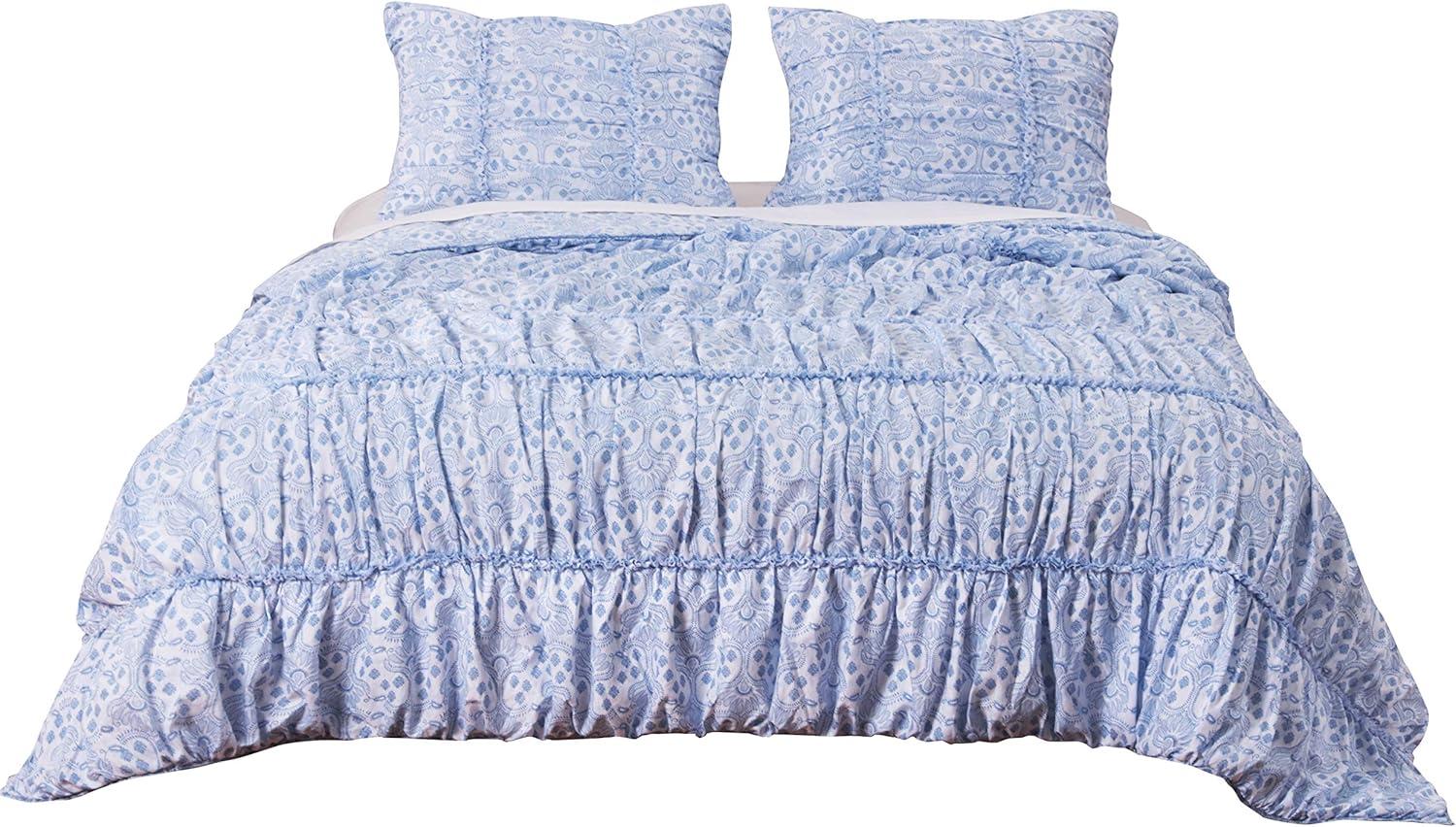 King Blue Microfiber Gathered Quilt Set