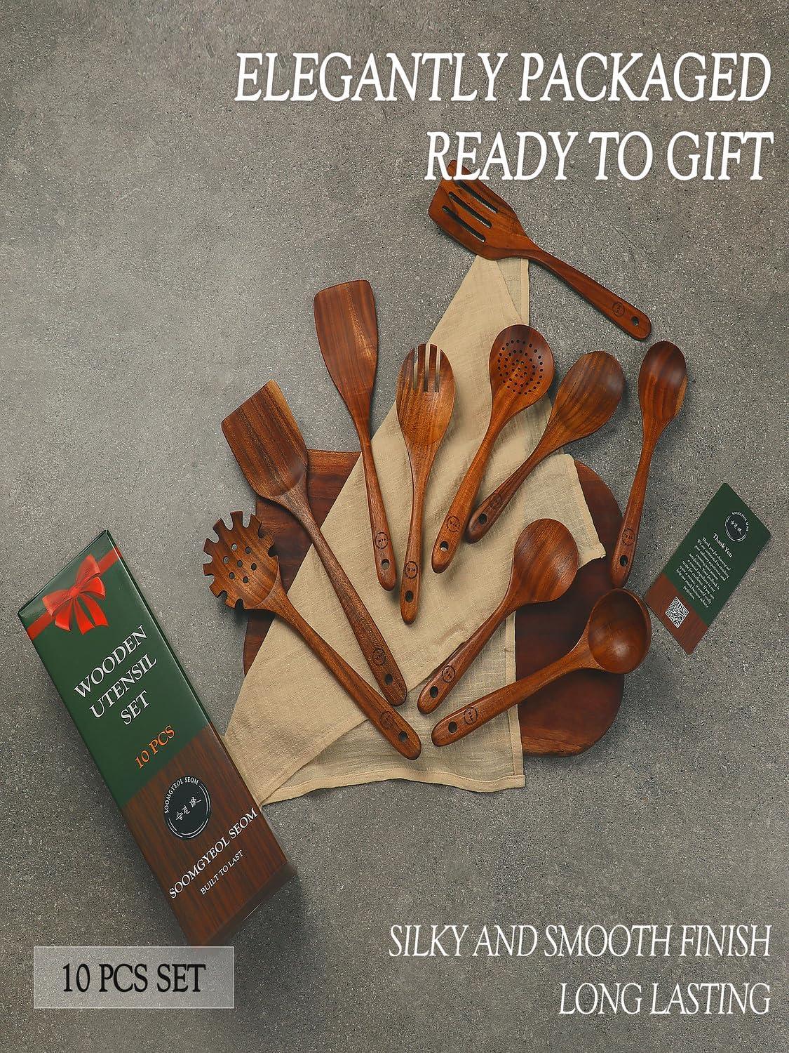 Wooden Spoons for Cooking, 10 Pcs Teak Wood Cooking Utensil Set ‚ Wooden Kitchen Utensils for Nonstick Pans & Cookware ‚ Sturdy, Lightweight & Heat Resistant