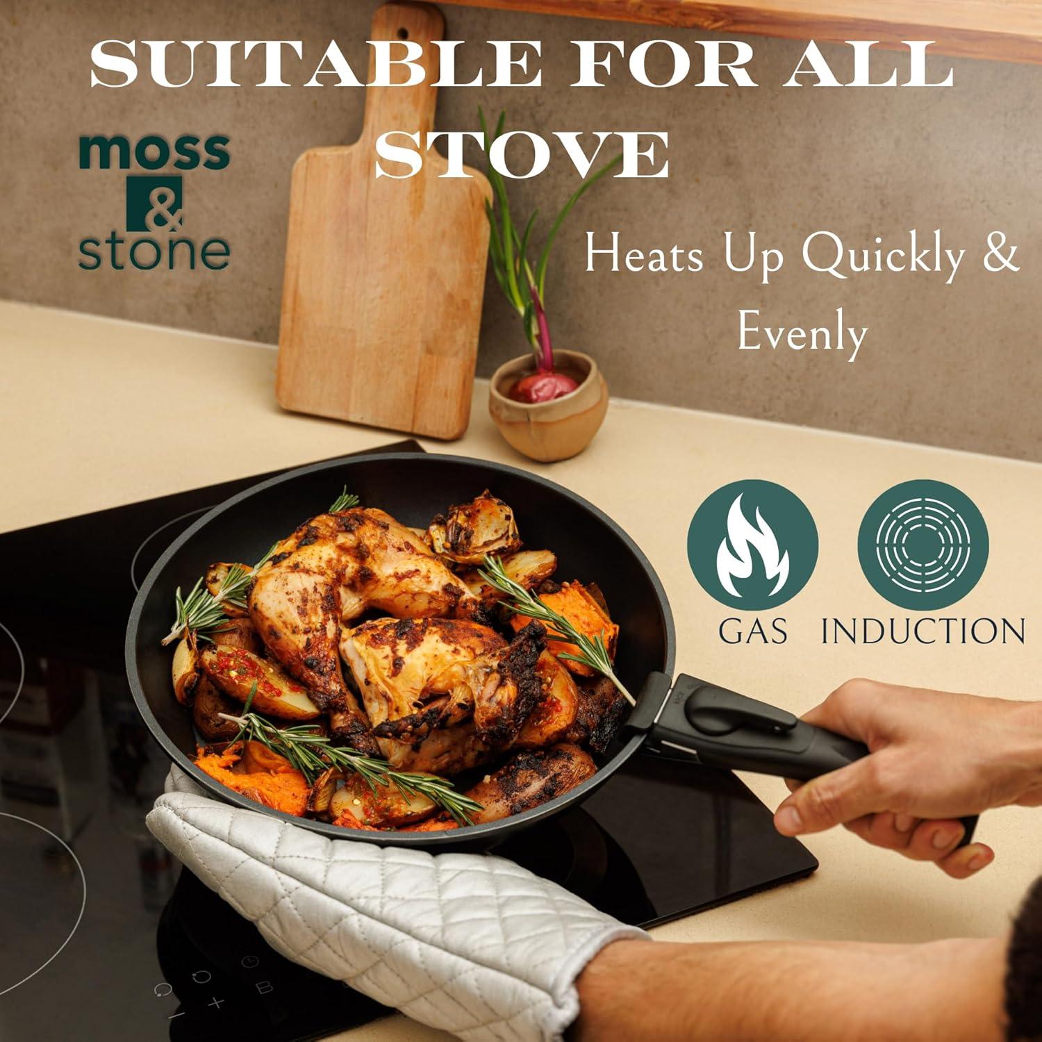 Moss & Stone 10pcs Black Pots and Pans Set Non Stick, Cookware Sets Detachable Handle, RV Kitchen Set Removable Handle, Oven Safe, Induction Ready, Stackable Non-stick Set, Camping Cookware Set