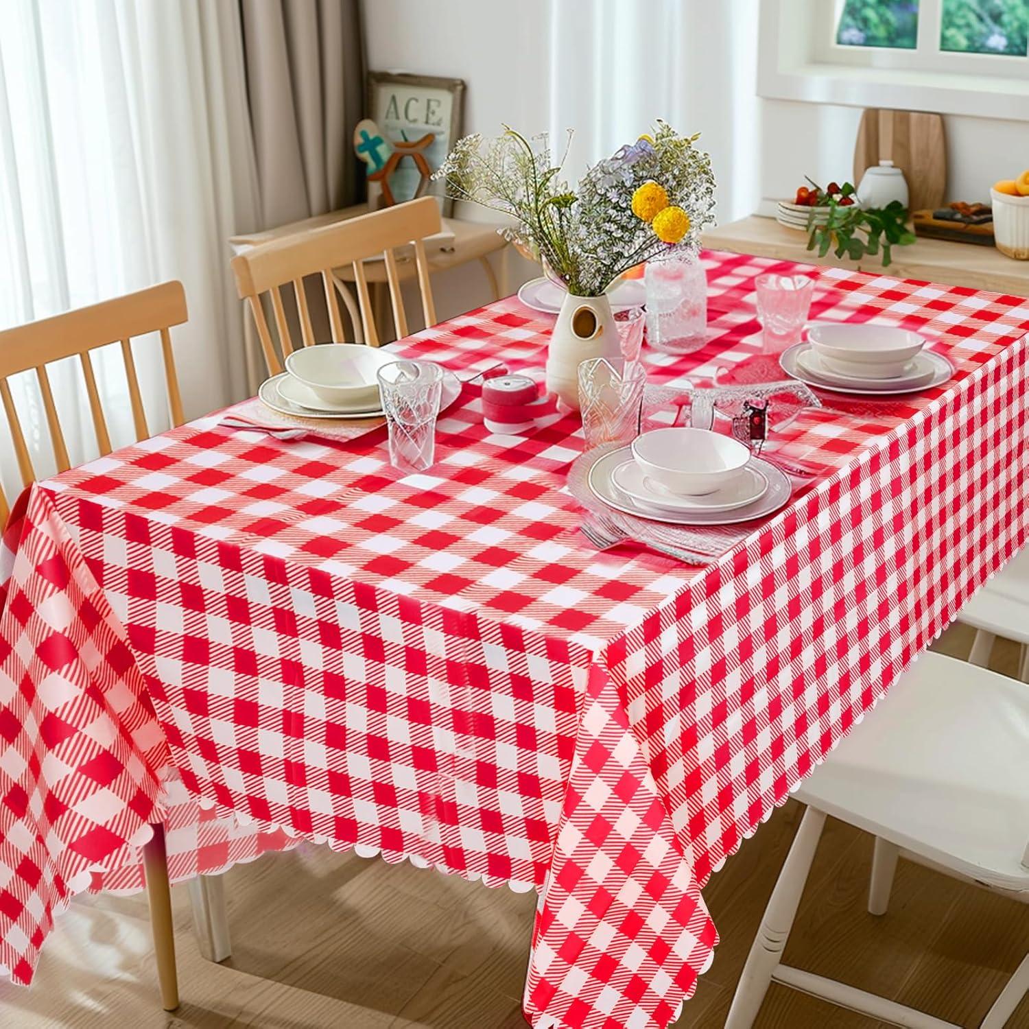 ARCOCO-3 Pack Red and White Checkered Tablecloth, 54 X 108Inch Plastic Red Gingham Table Cloth Disposable Spring Picnic Tablecloths Waterproof Red Checkered Table Cover for BBQ Picnic Barbecue Birthd