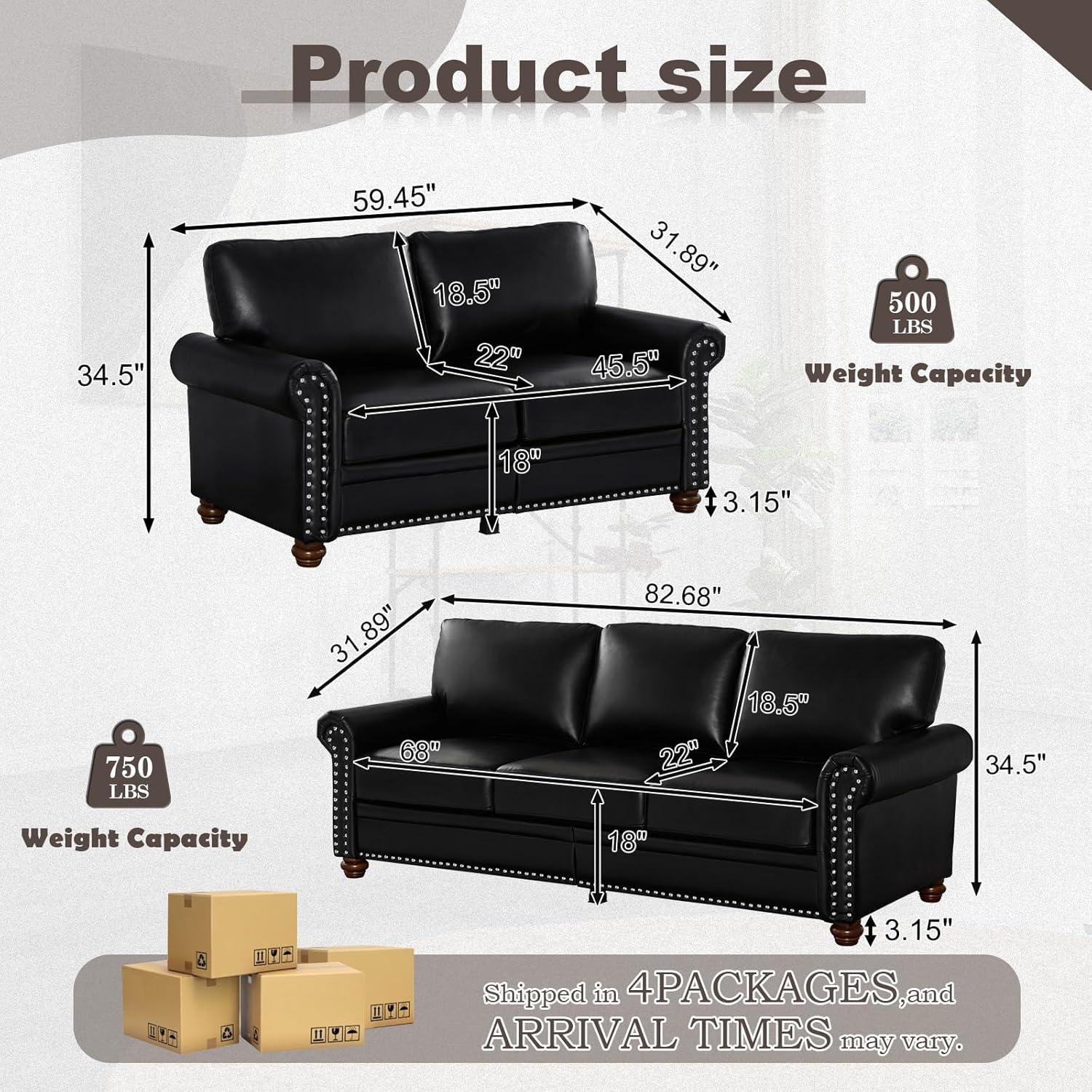 2 Piece Faux Leather Sofa Set,Modern Couch and Loveseat Sets with Storage,Mid Century Couch with Rivet Rolled Arm,Comfy Deep Seat Sofa,Furniture for Living Room,Office(Loveseat+3 Seater,Black)