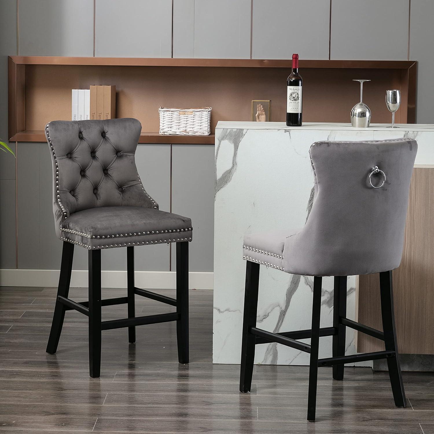 Gray Velvet Upholstered Wingback Barstools with Nailhead Trim