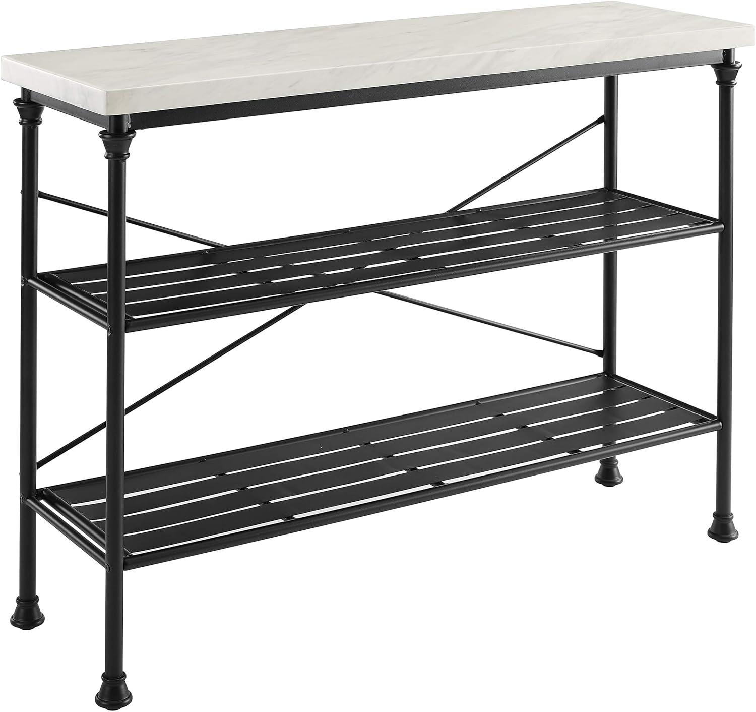 French Industrial Revival Matte Black Console with Faux Marble Top