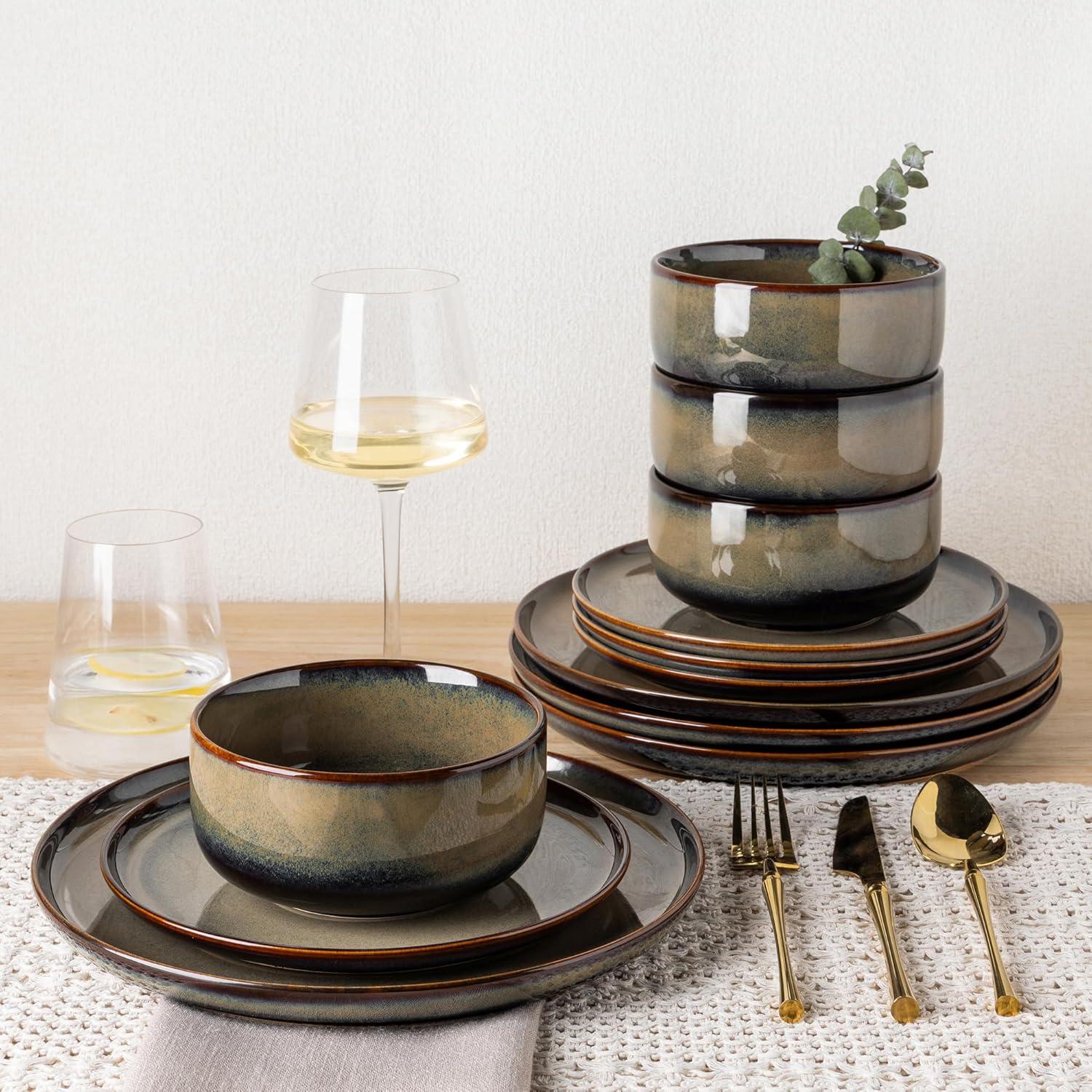 One Allium Way® 12-Piece Reactive Glaze Plate and Bowl Set, 4-Person Dinnerware Set, Scratch Resistant Dinnerware Set