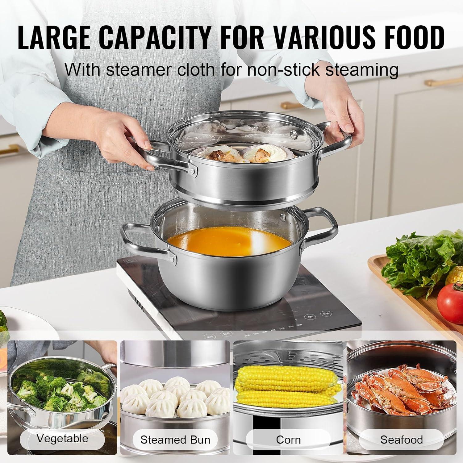 Steamer Pot 9.5 in. Steamer Pot for Cooking with 5 qt. Stock Pot and Vegetable Steamer Stainless Steel Food Steamer