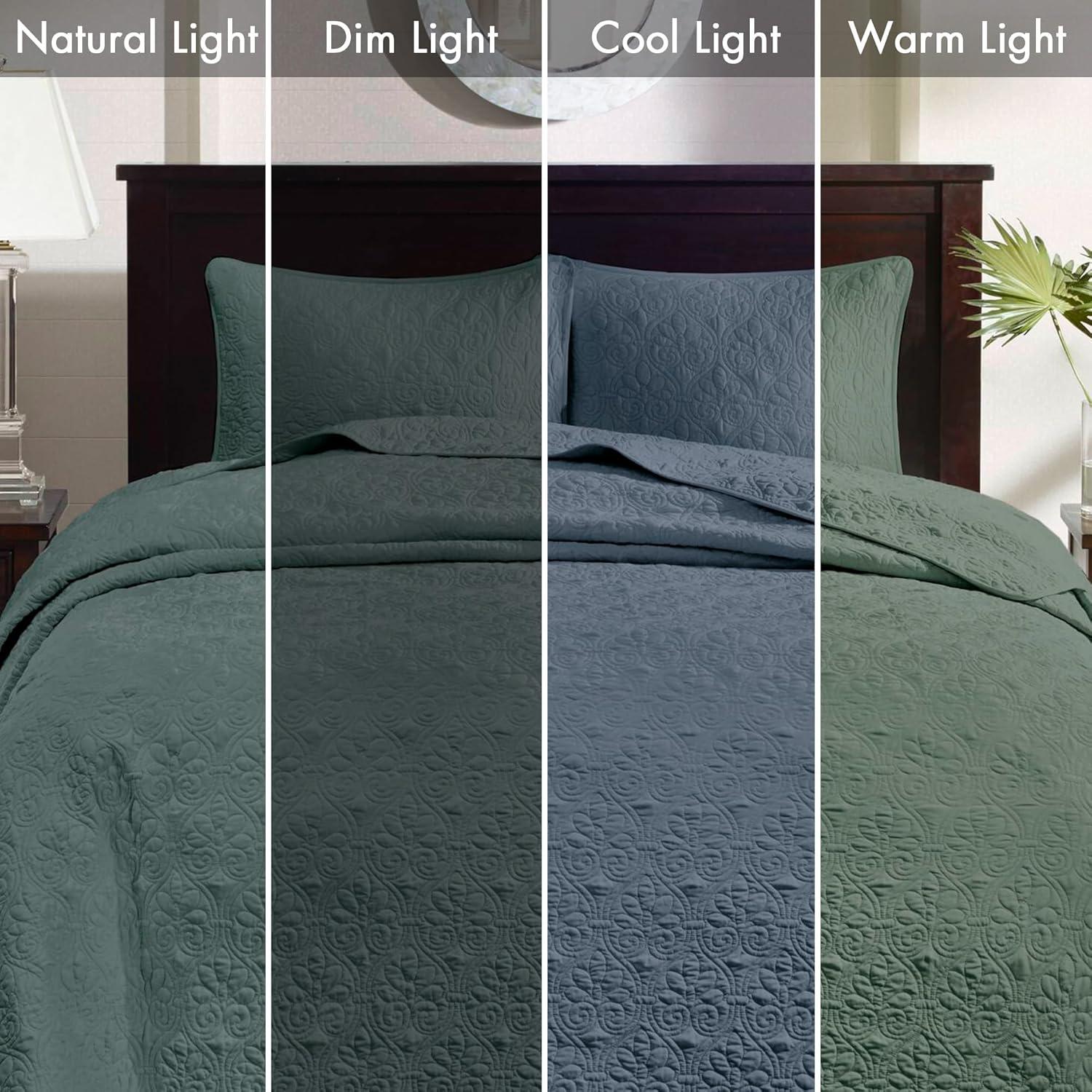 Madison Park Bedspread Set Reversible Damask Quilted Oversized Coverlet, Cotton-Filled Quilts Queen Oversized, All Season, Lofty & Warm Bedspread, Quebec, Queen Balsam Green 3 Piece