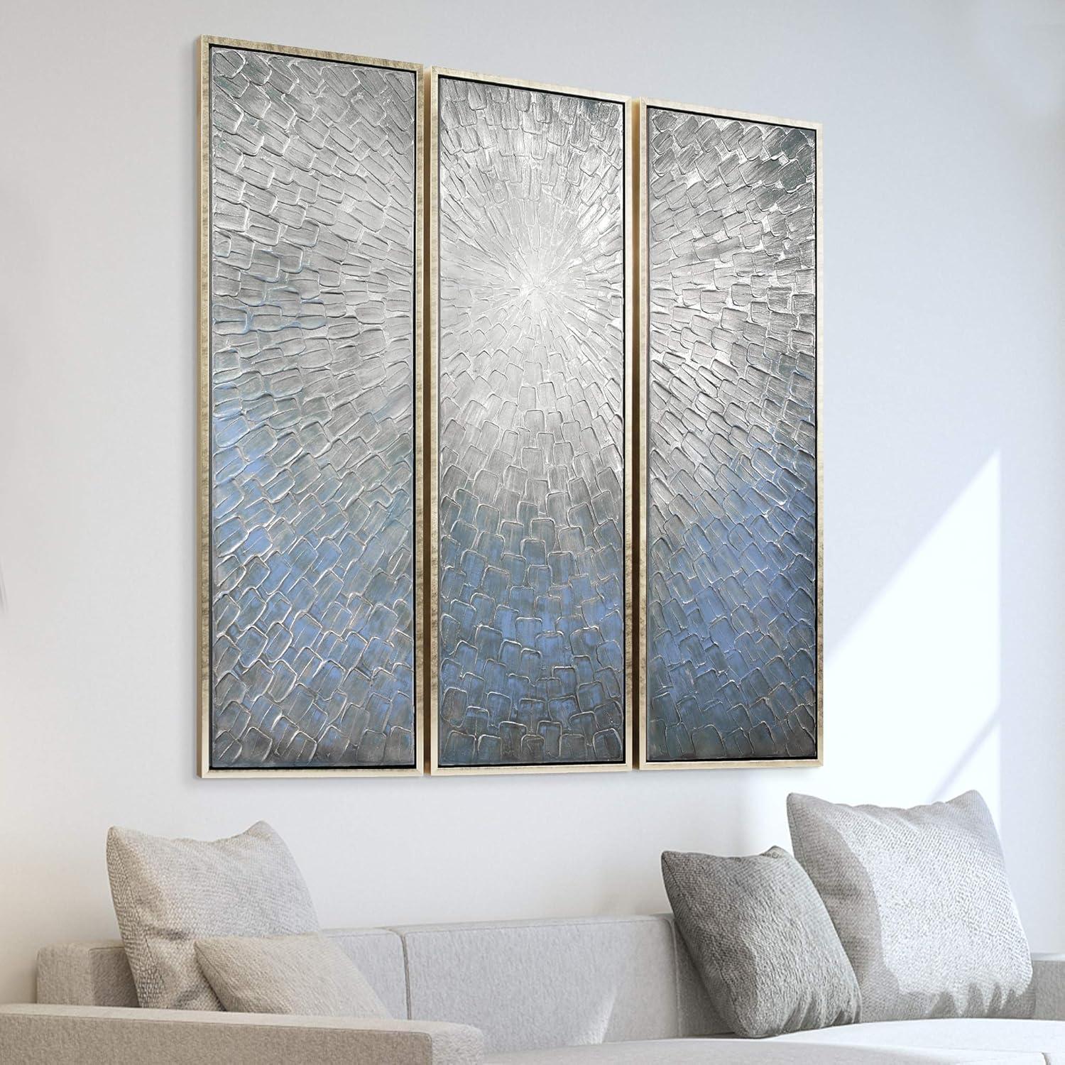 Silver Ice Textured Metallic Hand Painted Canvas Wall Art by Martin Edwards,60" x 20" each