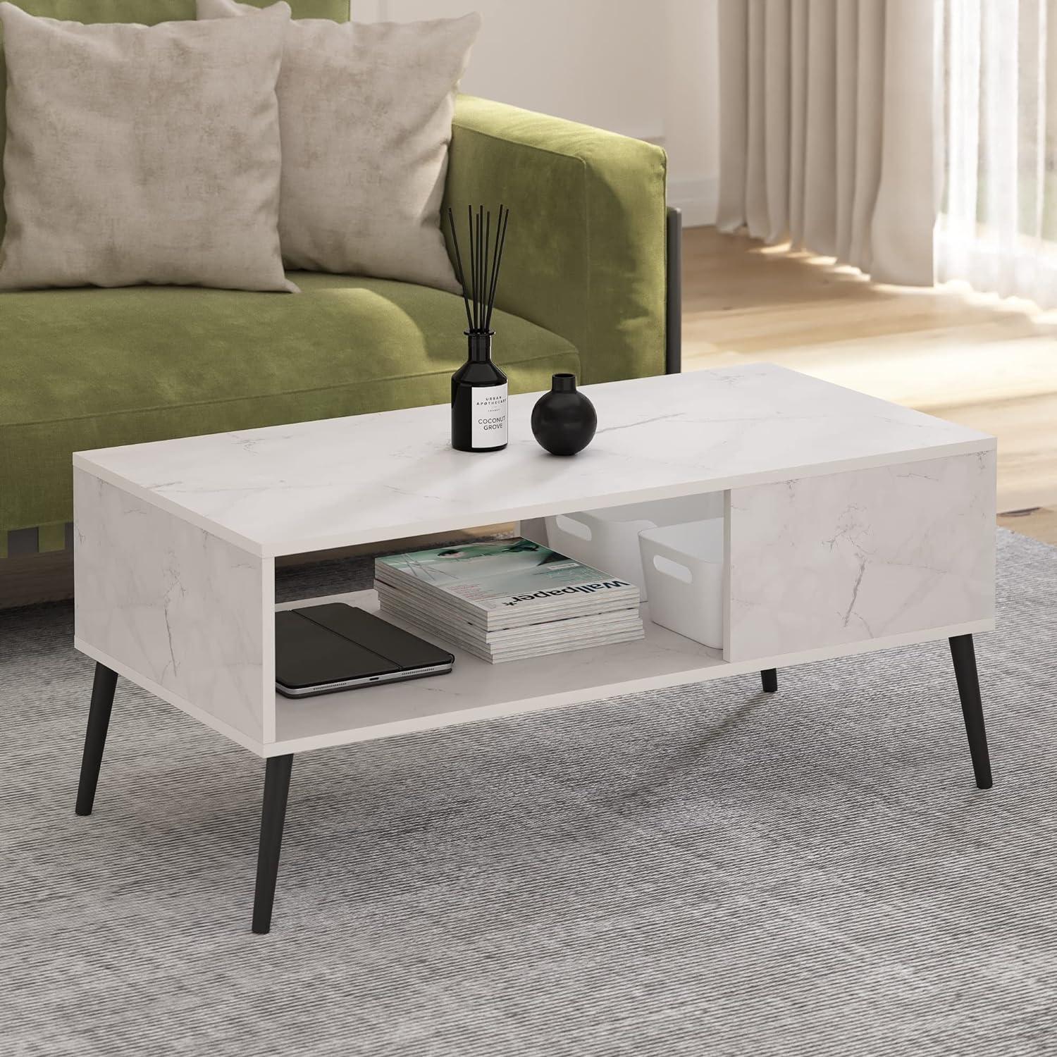 Mid-Century Marble White Rectangular Coffee Table with Wooden Legs