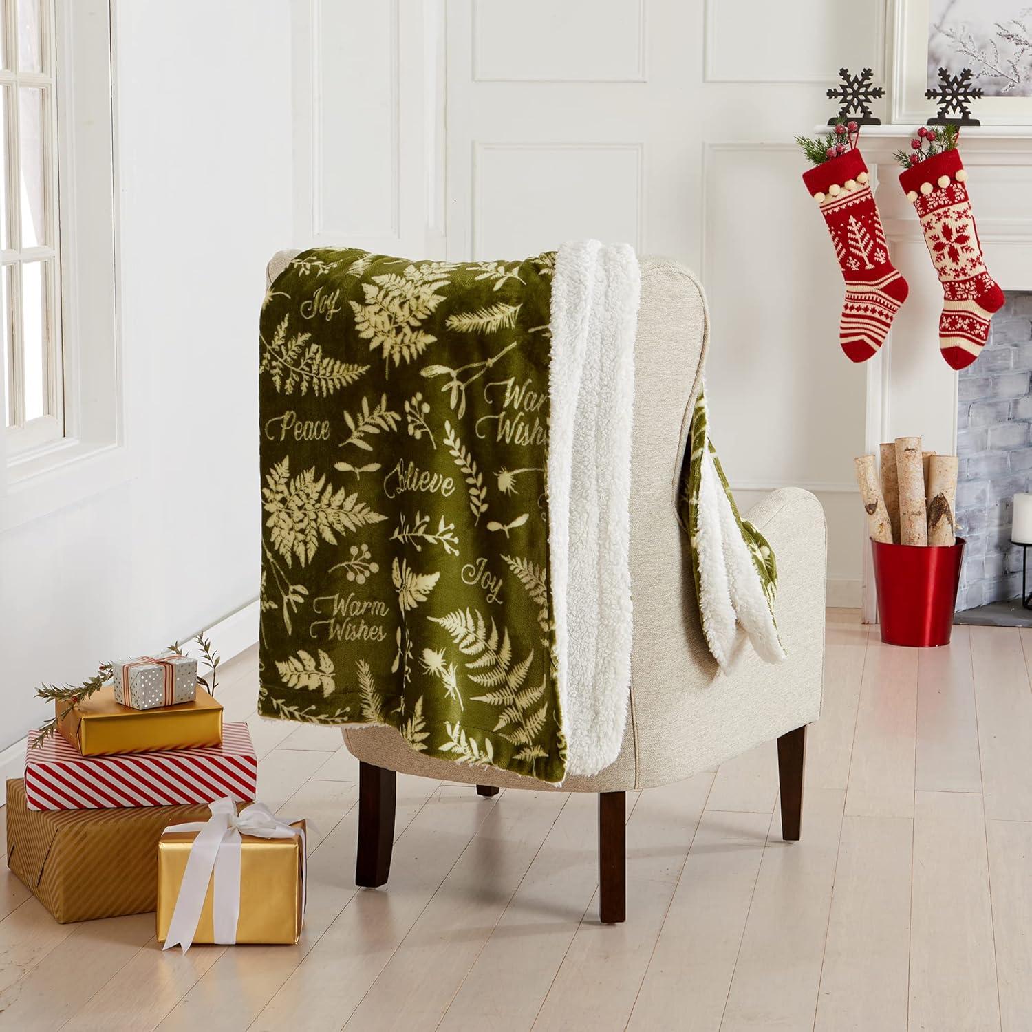 Holiday Botanical Green Velvet Plush Sherpa Reversible Throw Blanket