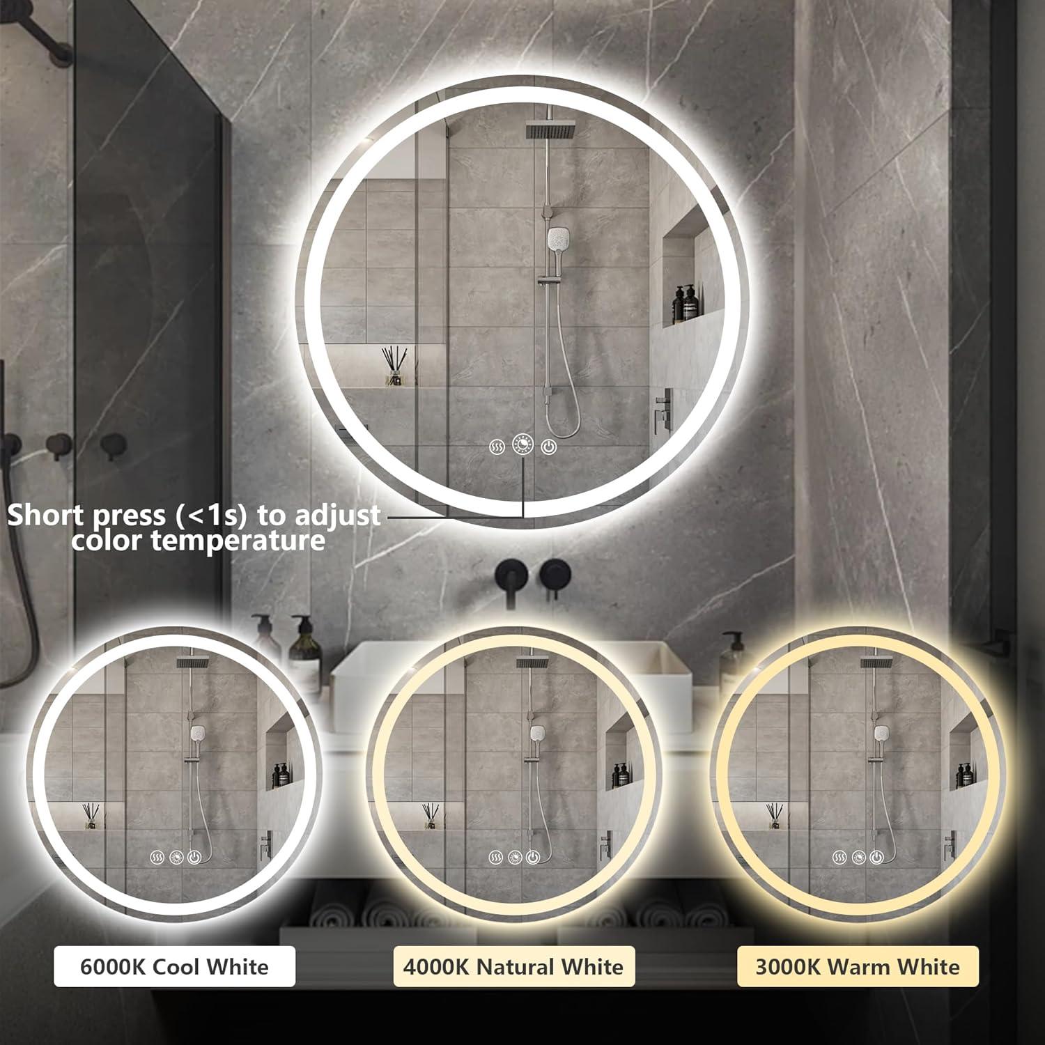 Round LED Bathroom Vanity Mirror with Lights 24 Inch Round LED Wall Mounted Mirror with Lights 3 CCT Dimmable LED Vanity Mirror Anti-Fog Dual Lighted LED Bathroom Mirror