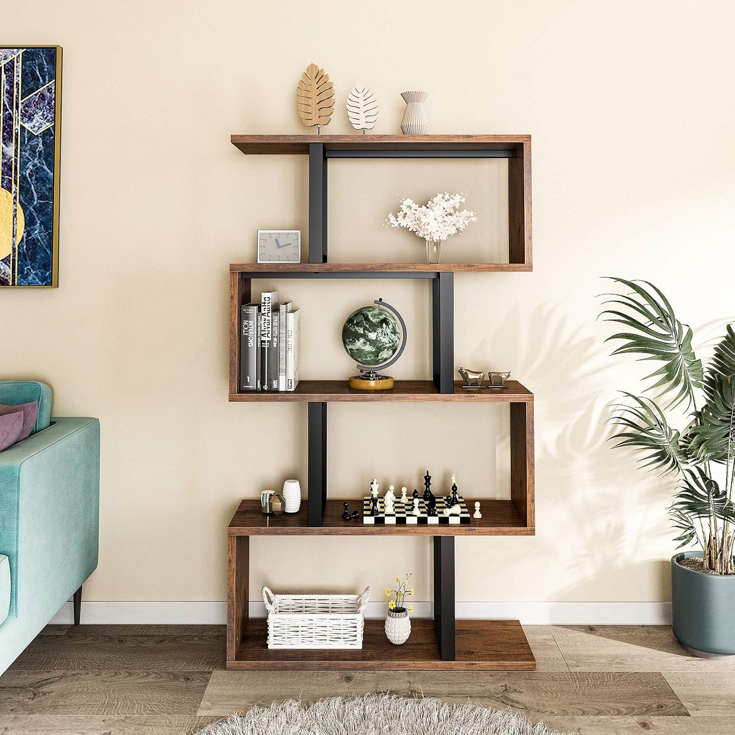 Retro Brown S-Shaped 5-Tier Particle Board and Metal Bookshelf