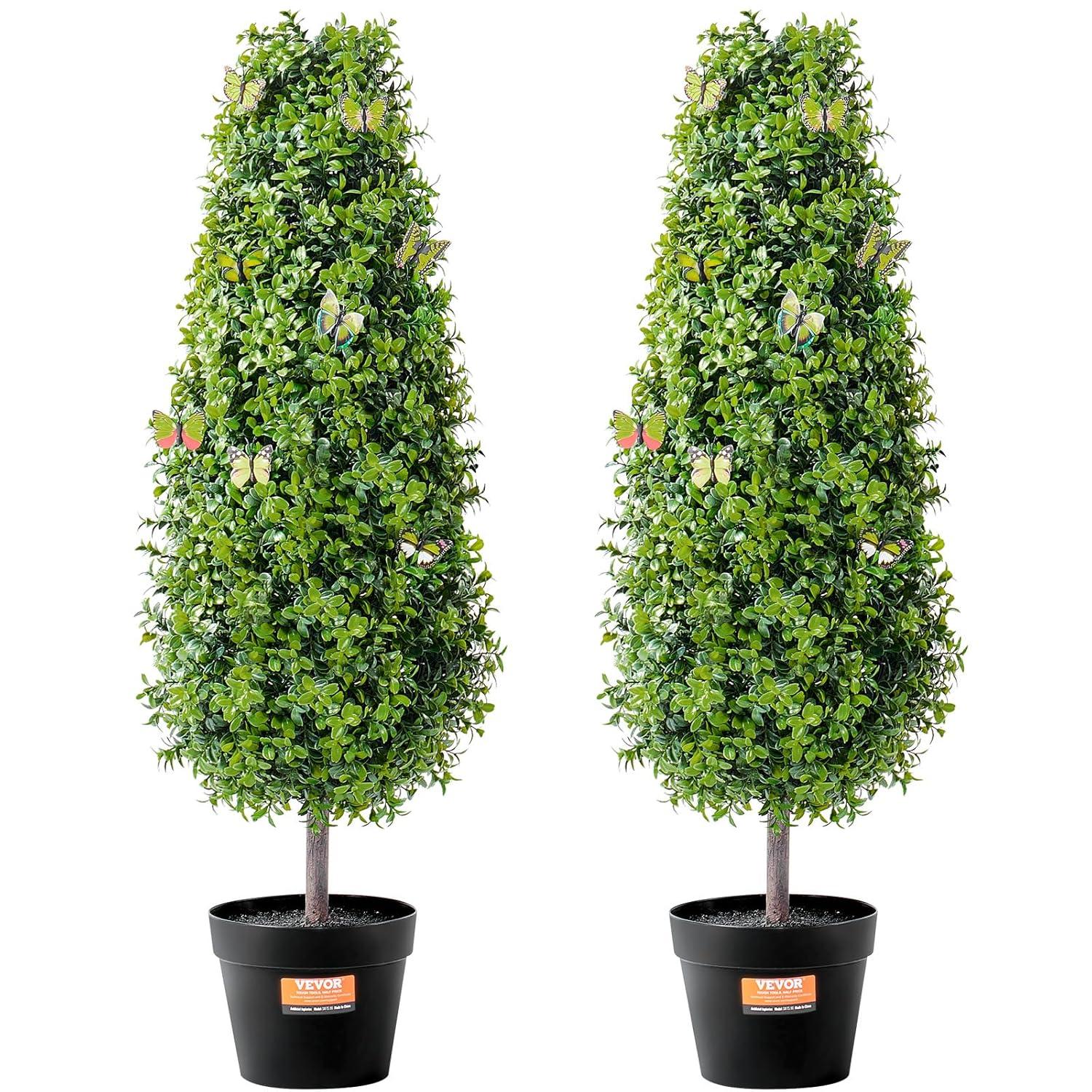 VEVOR Artificial Boxwood Topiary Tree, 36 inch Tall (2 Pieces), Faux Topiary Trees, Green Faux Plant w/Extra Leaves & Pot & Small Decoration, UV Rated Greenery Set for Home Decor Indoor/Outdoor