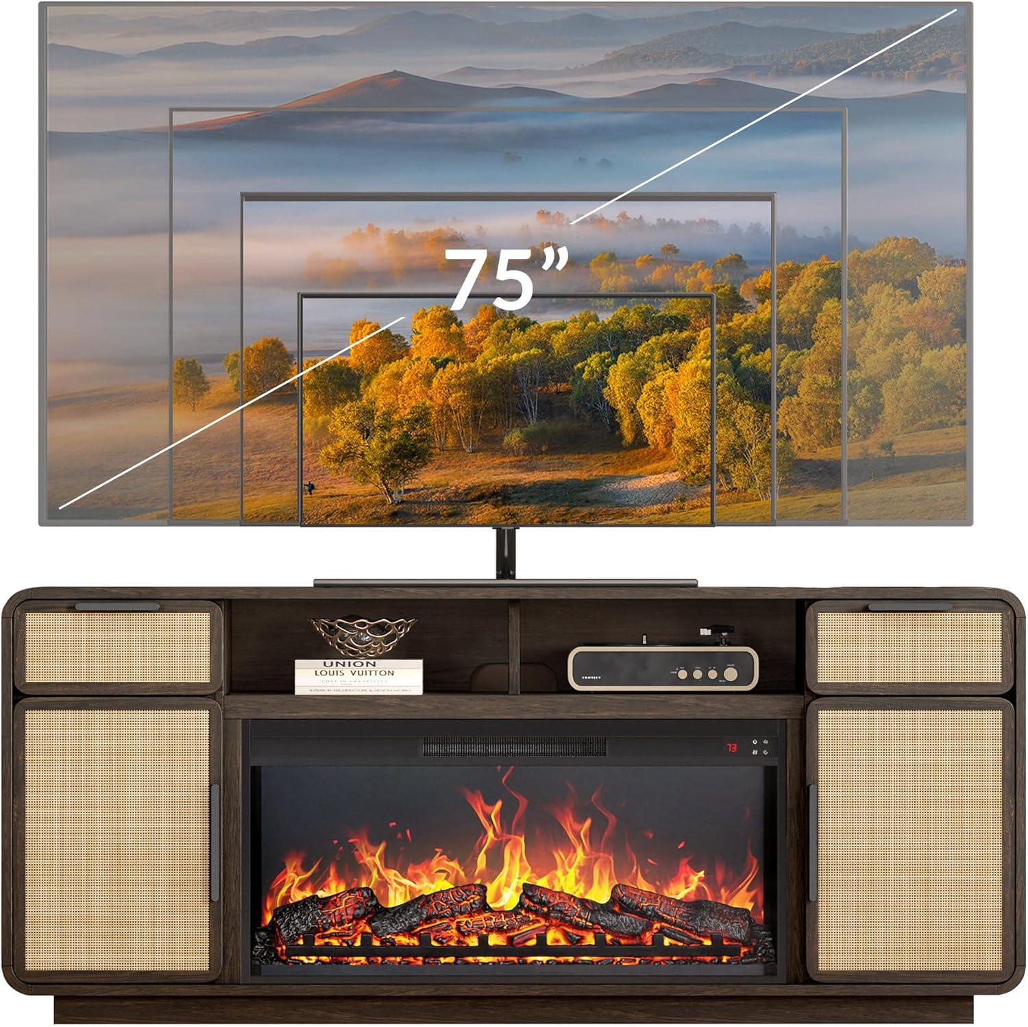 BELLEZE 68" TV Stand for TV Up to 75", Entertainment Center with 36" Electric Fireplace Heater, Rattan Decorated Console Table Storage Cabinet for Living Room, Bedroom - Bower(Brown)