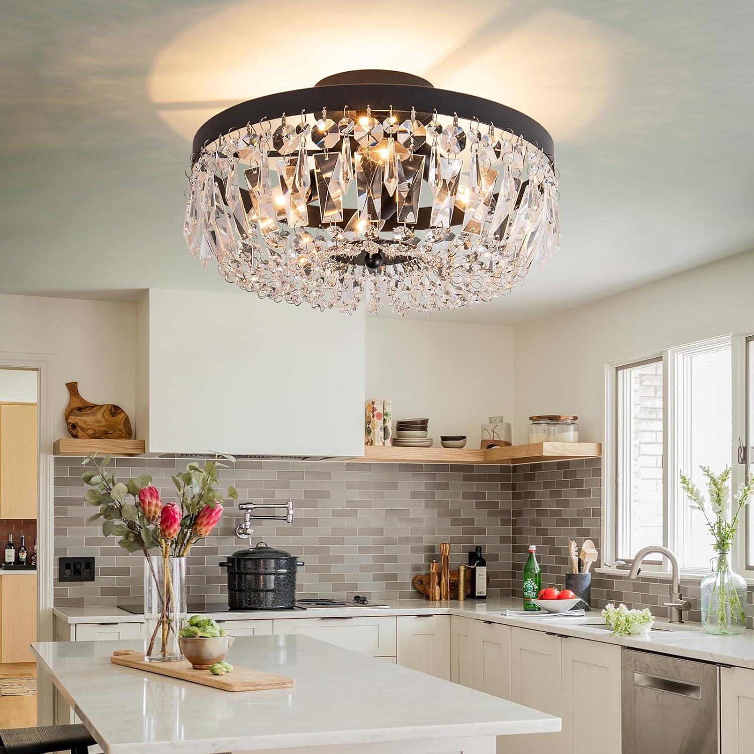 KSRYSZCQ Black Crystal Ceiling Light 4 Light Semi Flush Mount Ceiling Light Crystal Close to Ceiling Light Fixtures for Bedroom Living Room Kitchen Hallway