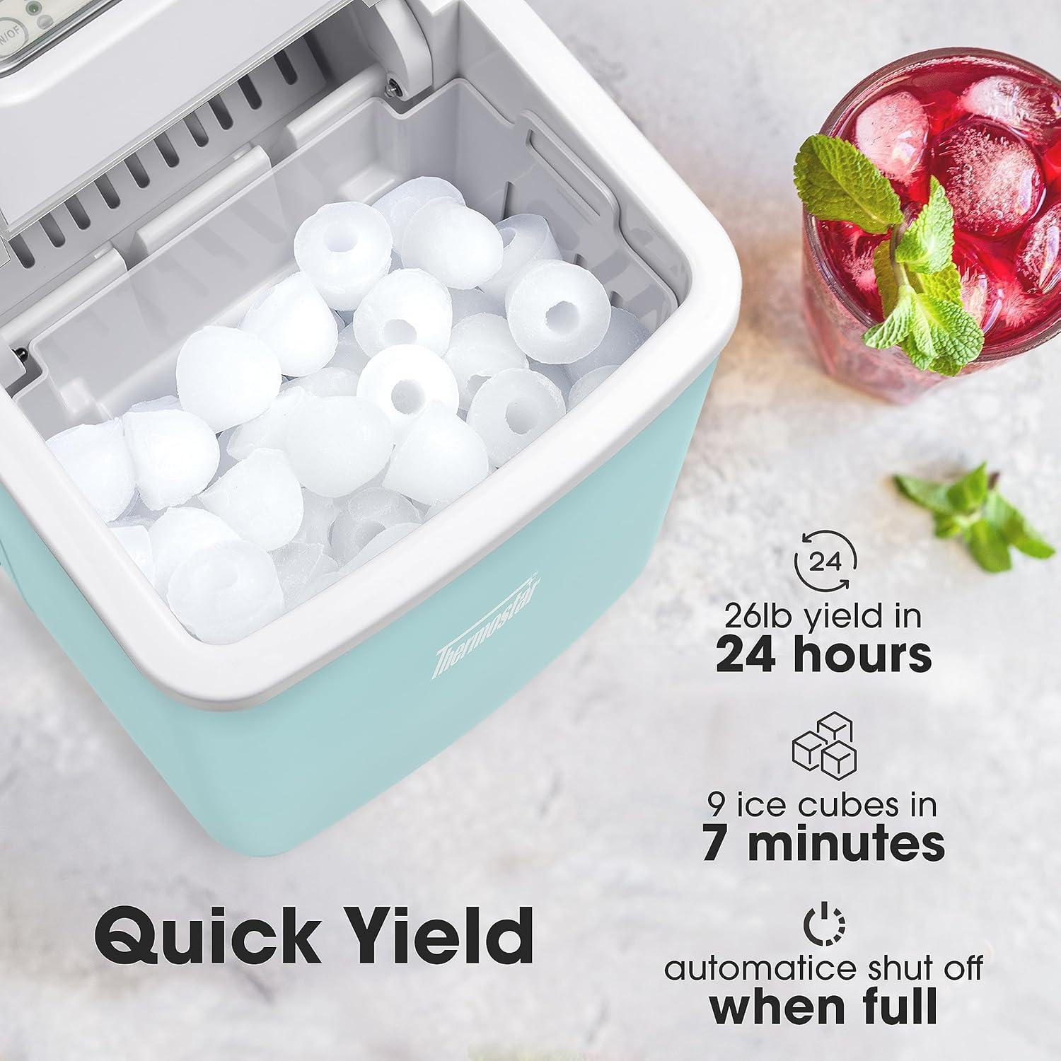 Thermostar TSICEBHNSC26AQ 26-Pound Automatic Self-Cleaning Portable Countertop Ice Maker Machine With Handle, Aqua