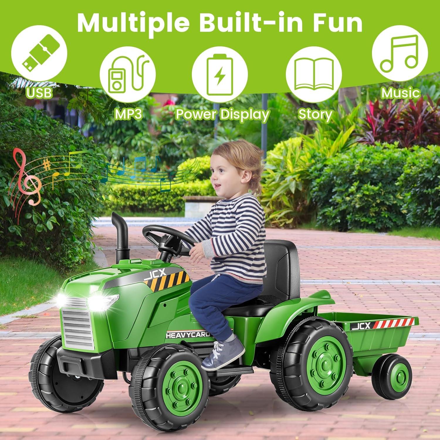 OLAKIDS 12V Kids Ride on Tractor, Battery Powered Motorized Electric Car with Trailer, Dual Motors, Remote Control, Light, Music, USB, Toddler Vehicle Toys for Boys Girls