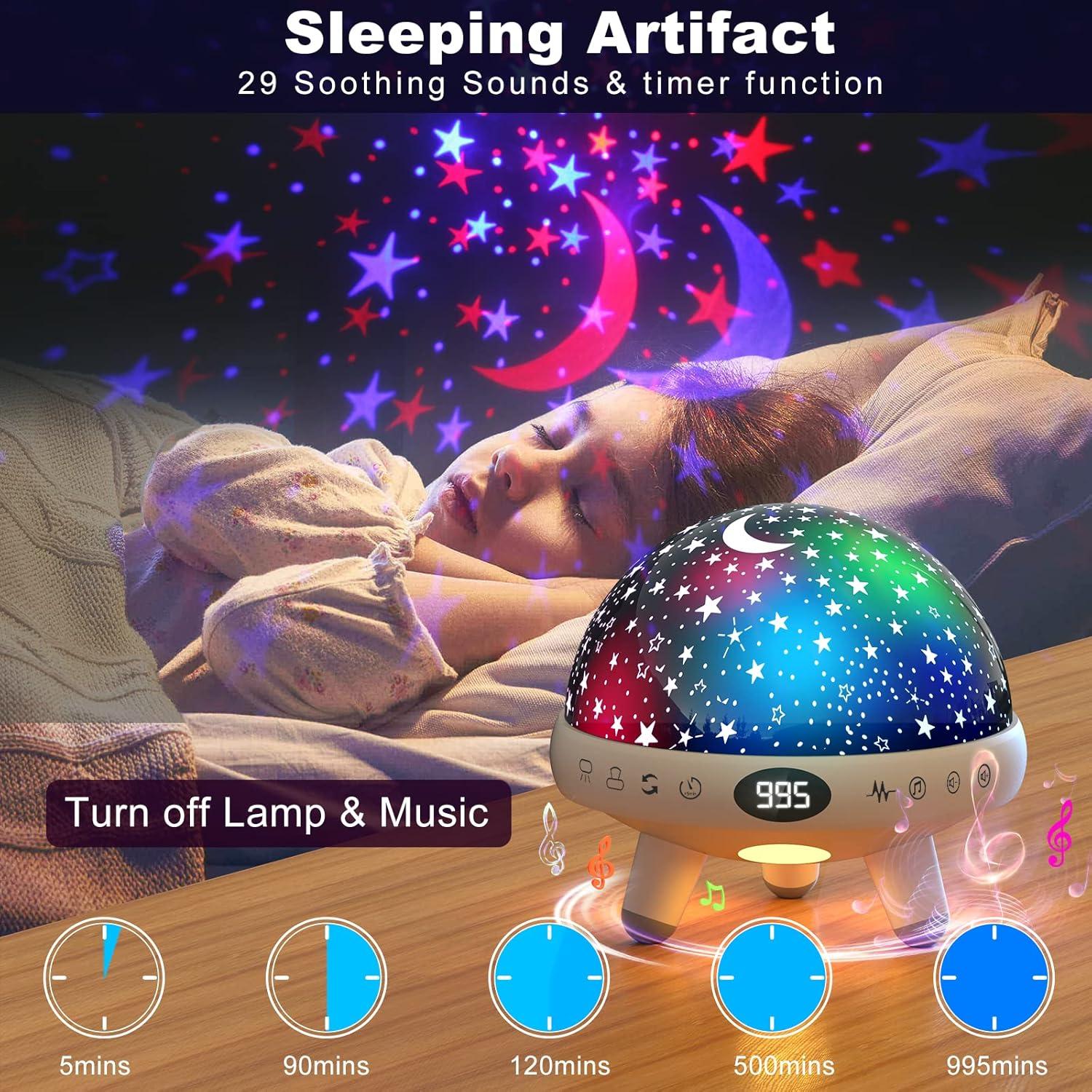 Night Light for Kids Girls Boys Star Projector White Noise Sound Machine Baby Sleep Soother Nursery Bedroom Children Bedside Lamp with Music Adapter Timer Remote Control