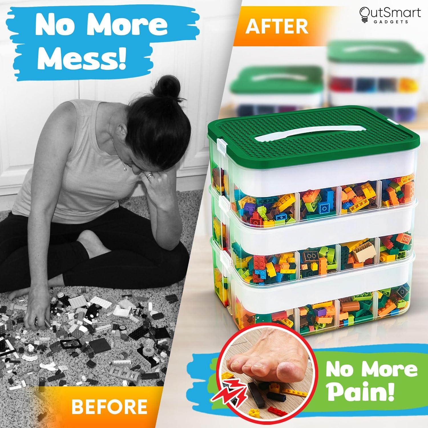 Plastic Stackable Toy Storage Organizer Bin for Lego, Building Bricks, Dolls and Crafts Organization, 3 Layers with Adjustable Compartments, ABC Stickers and 2 Lids Included