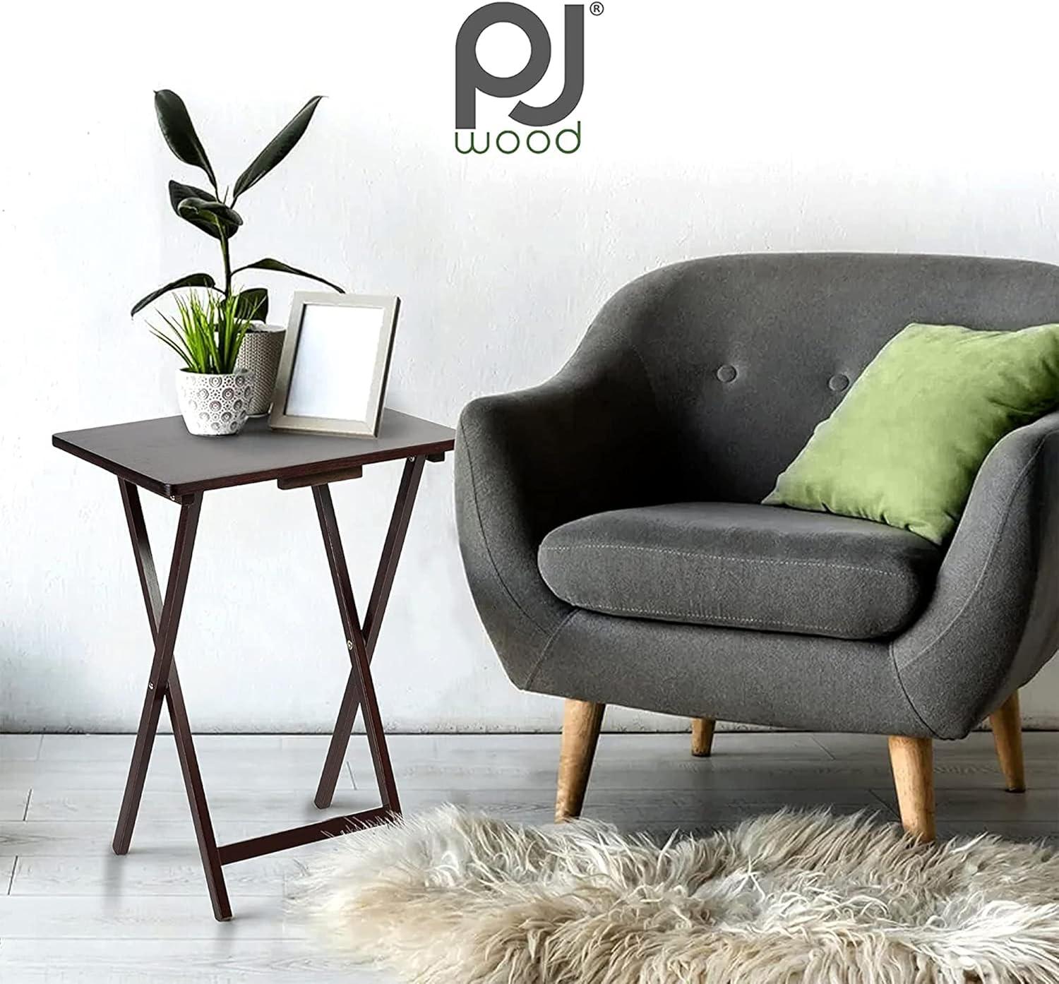 PJ Wood Solid and Sturdy Wood Construction Portable Folding TV Snack Tray Table Desk Serving Stand, Espresso Brown (4-Piece Set)