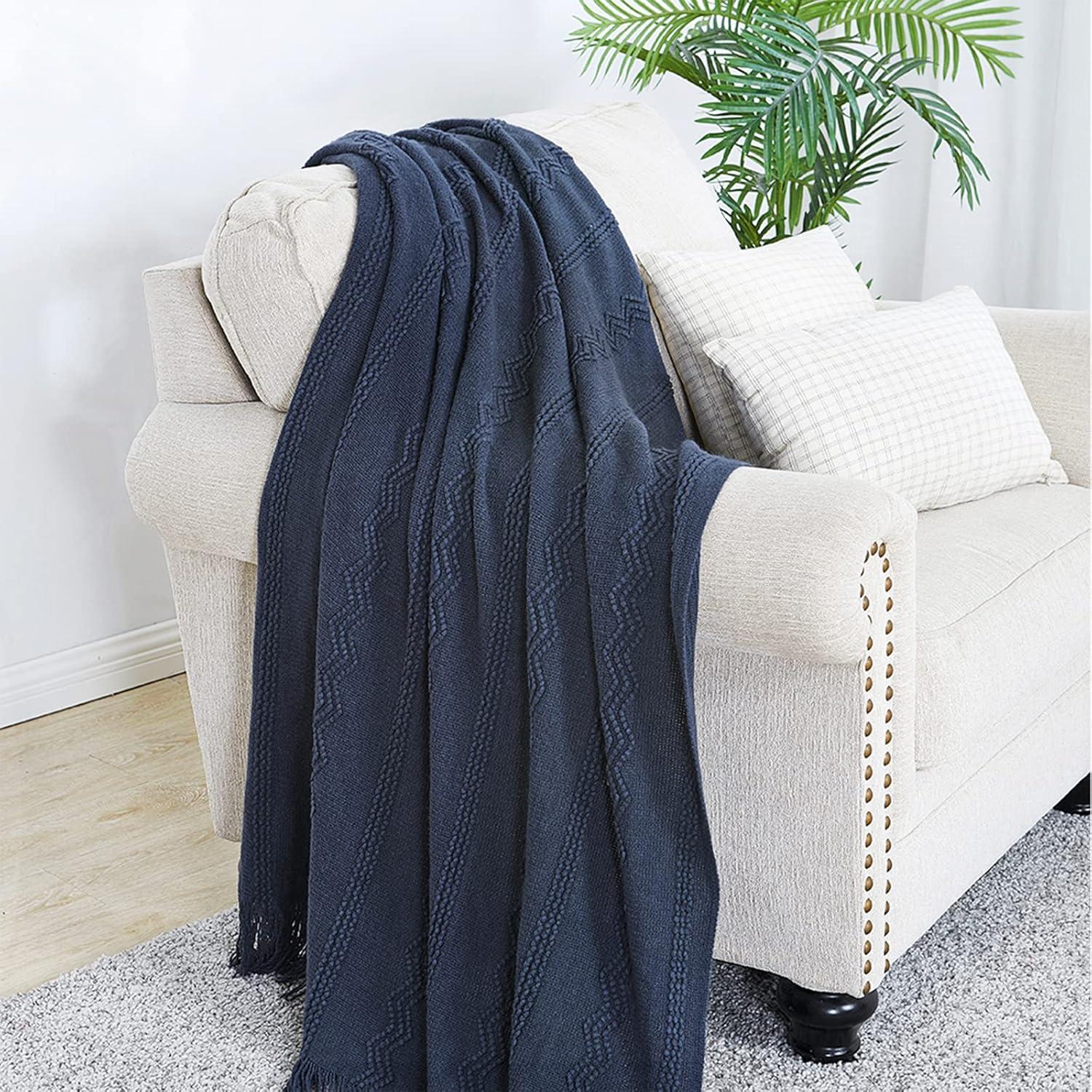 Battilo Navy Blue Throw Blanket for Couch Bed Chair, knit Throw Blanket With Fringe Decorative Sofa Blanket, Soft Lightweight Throws in Home, 50x60 inches