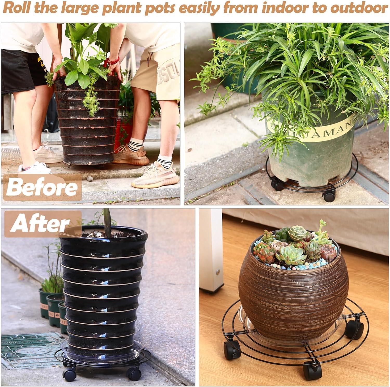5 Packs Large Metal Plant Caddy 13.8” Plant Dolly with Wheels Heavy-Duty Wrought Iron Rolling Plant Stand with Casters for Indoor and Outdoor Plant Pot Rollers Black, Plastic Saucers Included