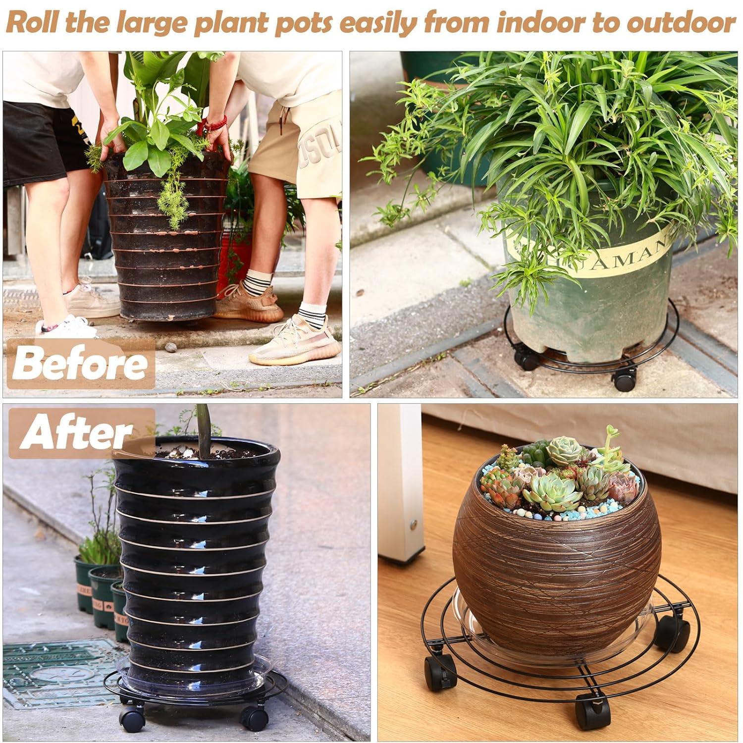 5 Packs Large Metal Plant Caddy 13.8” Plant Dolly with Wheels Heavy-Duty Wrought Iron Rolling Plant Stand with Casters for Indoor and Outdoor Plant Pot Rollers Black, Plastic Saucers Included