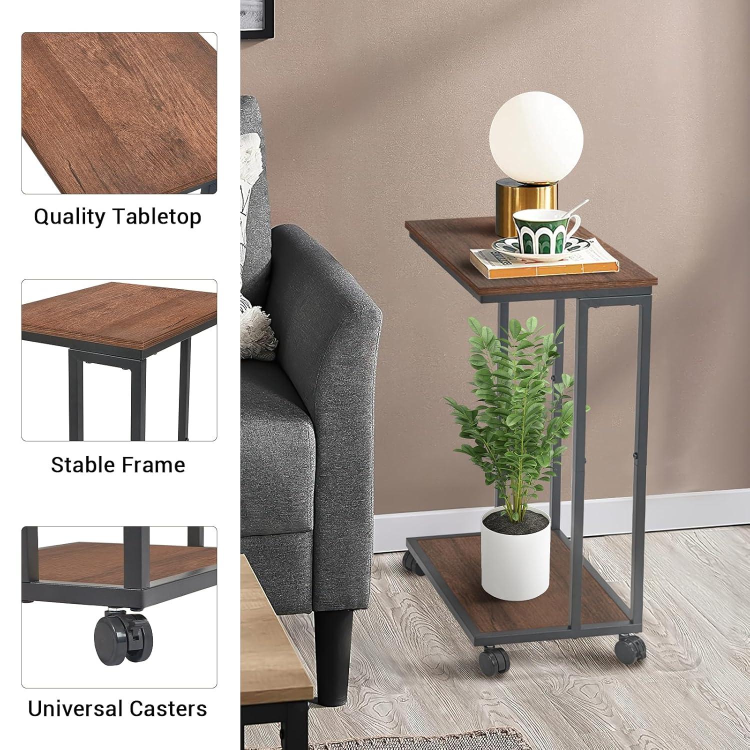 JJS Side End C Table for Sofa, Living Room Couch Table Snack Table That Slide Under for Small Spaces, Walnut/Black