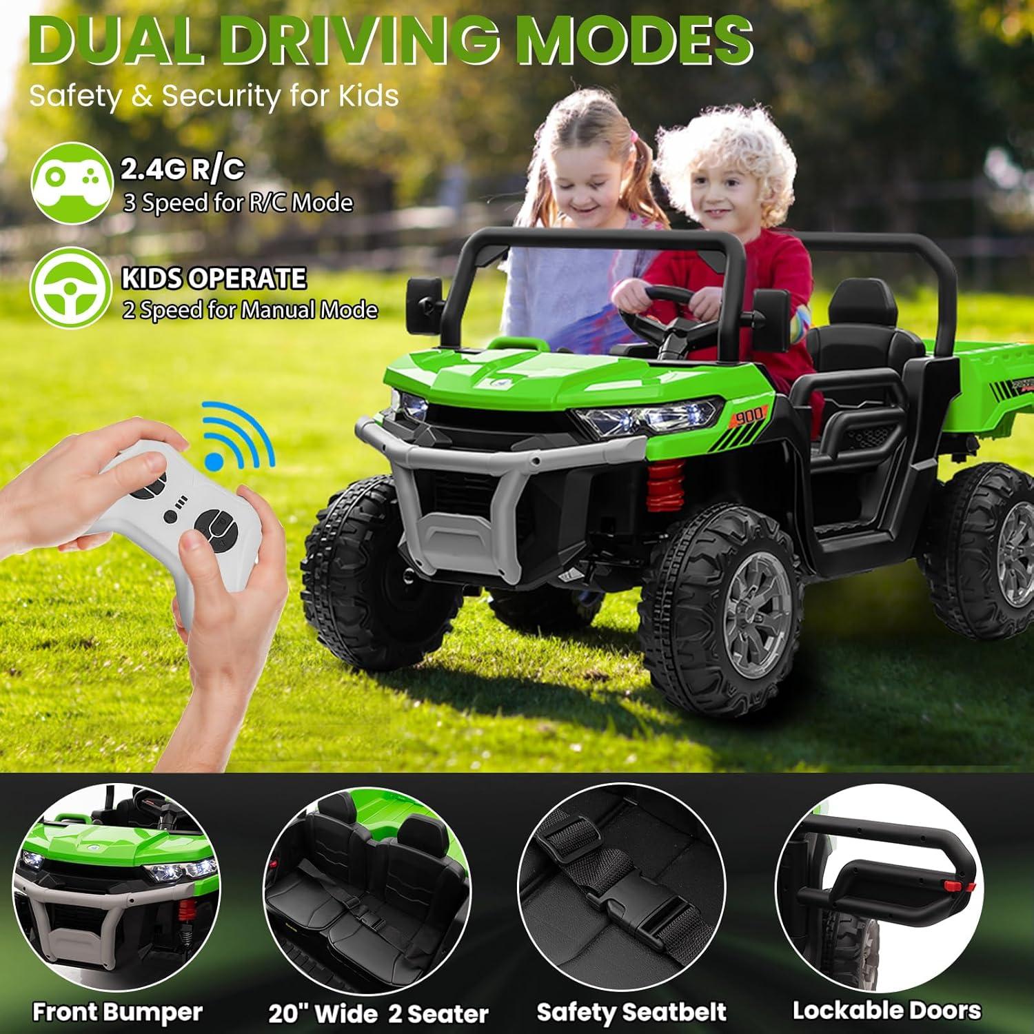 24V Ride on UTV Car, 2 Seater Kids Electric Powered Ride on Toys Dump Truck with Trailer Remote Control, Green