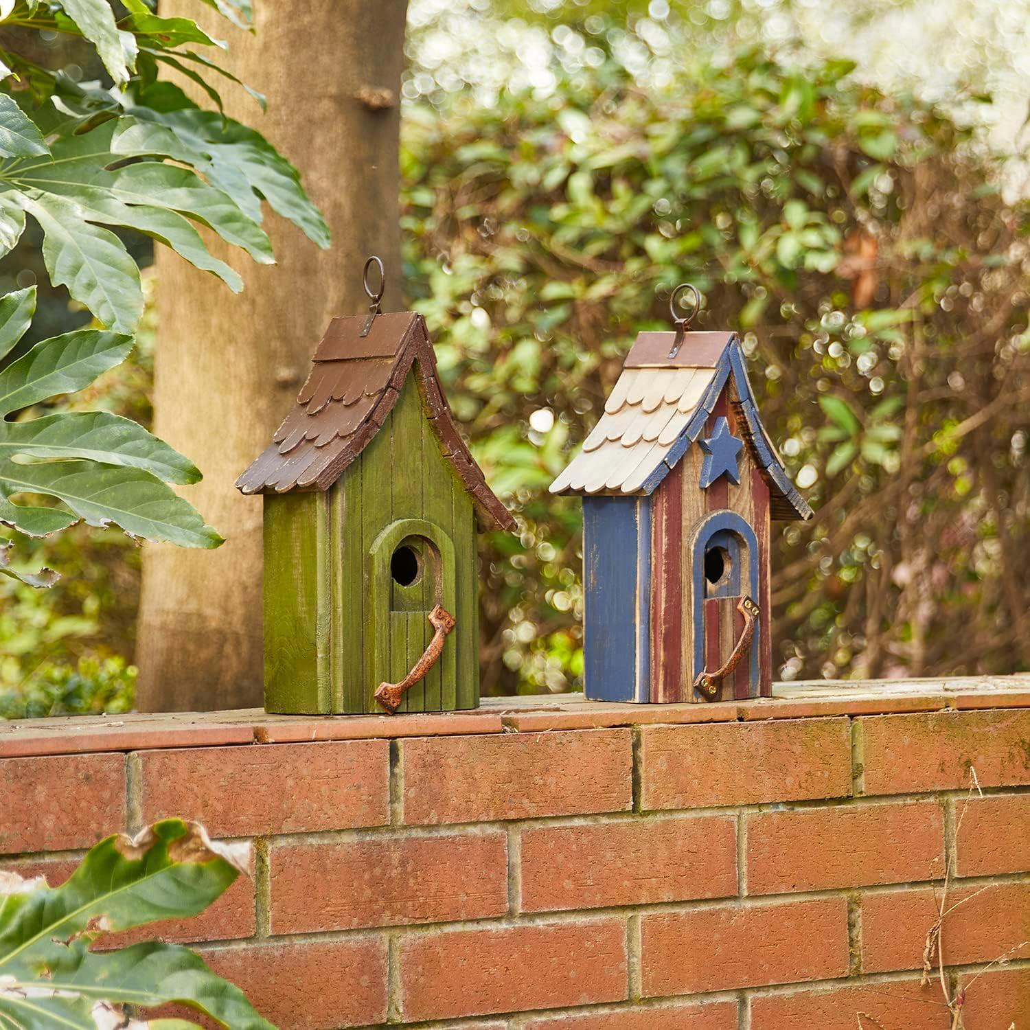 Green Hand Painted Wood Birdhouse with Distressed Details