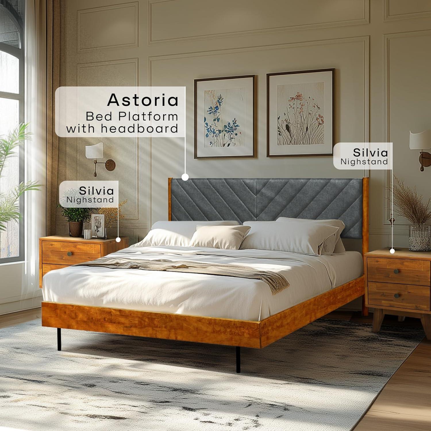 Felisha Solid Wood King Upholstered Bed Frame with Fabric Headboard, Contemporary Modern Upholstered Platform Bed