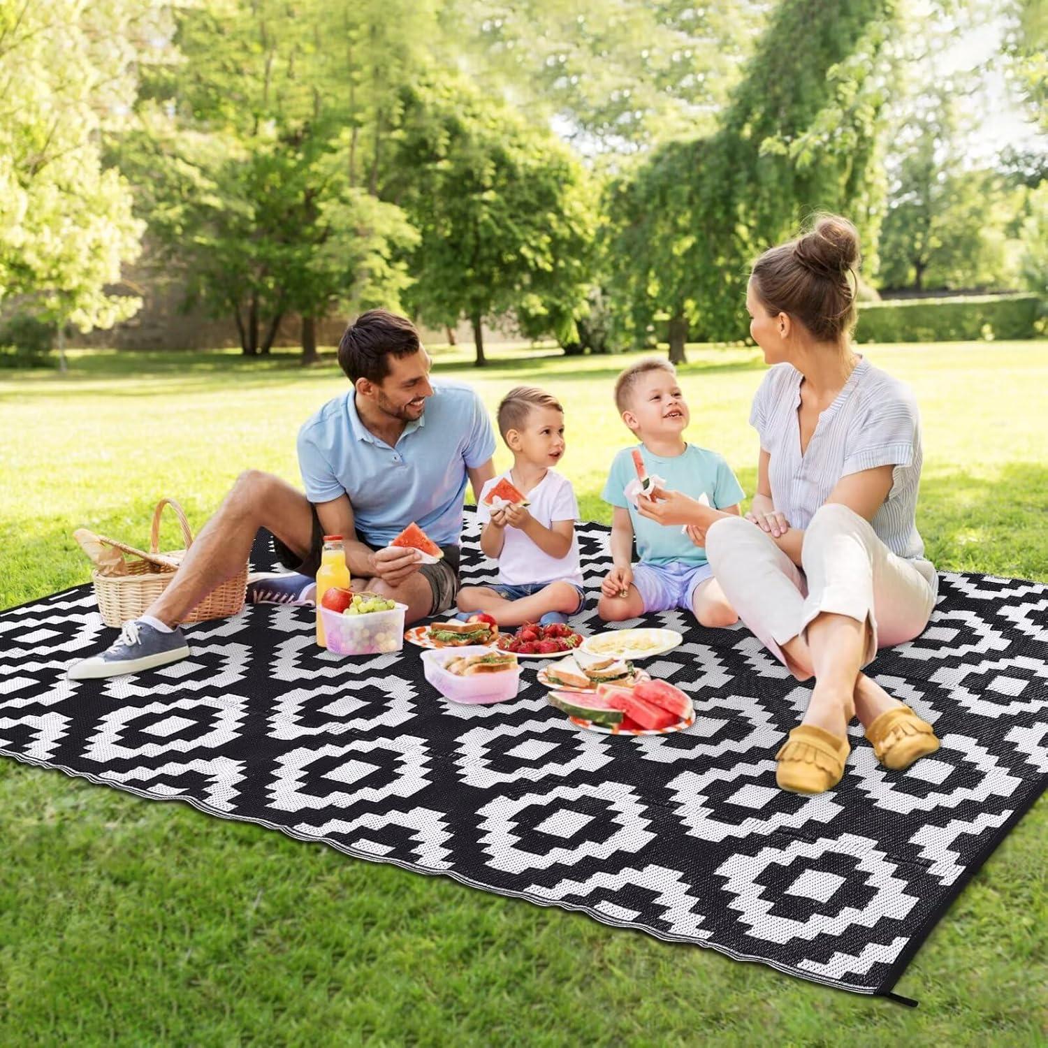 Garvee Waterproof Outdoor Rug 9'x12' Reversible Plastic Patio Rugs, Portable Modern Abstract Indoor Outdoor Carpet for Camping, Balcony, Deck, Backyard, Black & White, with Storage Bag