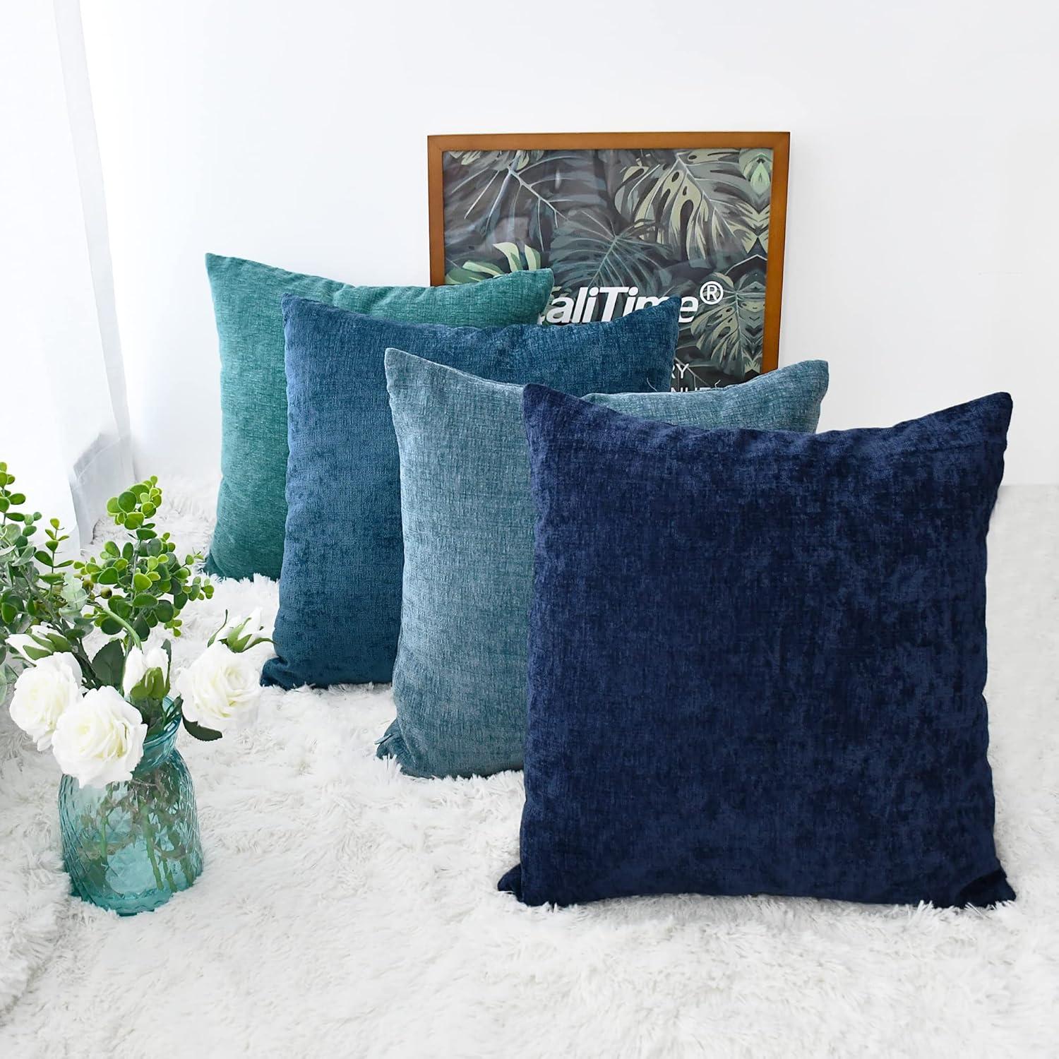 CaliTime Throw Pillow Covers Set of 4 Modern Multi-Color Matching Cozy Soft Chenille Cushion Cases Shells for Couch Sofa Home Decor 18 X 18 Inches Teal Navy Ocean Smoke Blue
