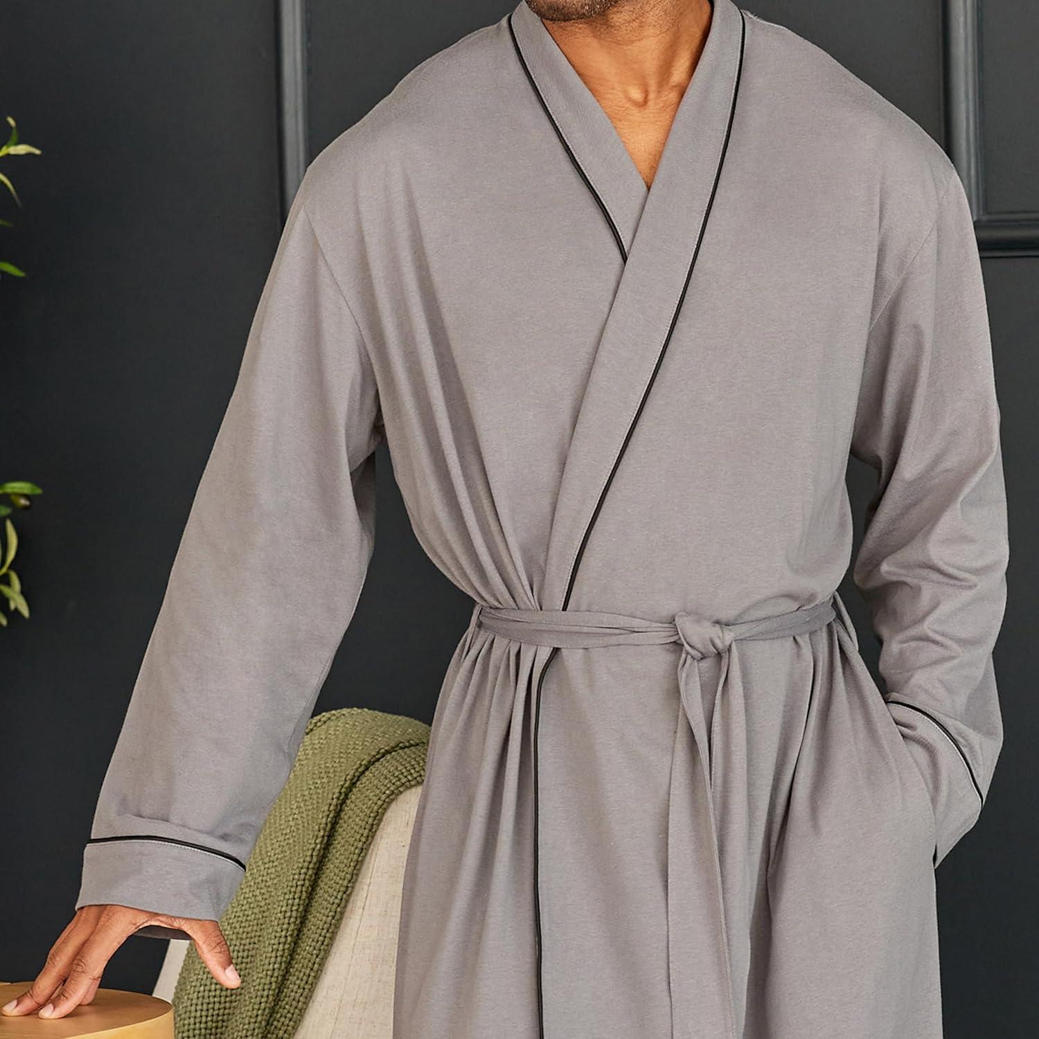 ADR Men's Robes, Mens Bathrobes Lightweight, Mens Robes with Pockets, Soft Cotton Knit Robe for Men Steel Gray Large