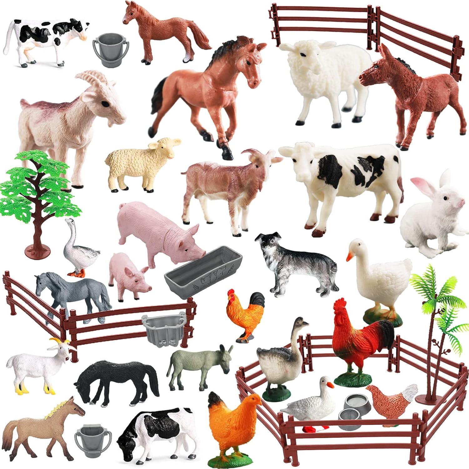 Realistic Plastic Farm Animal Figures Playset with Accessories