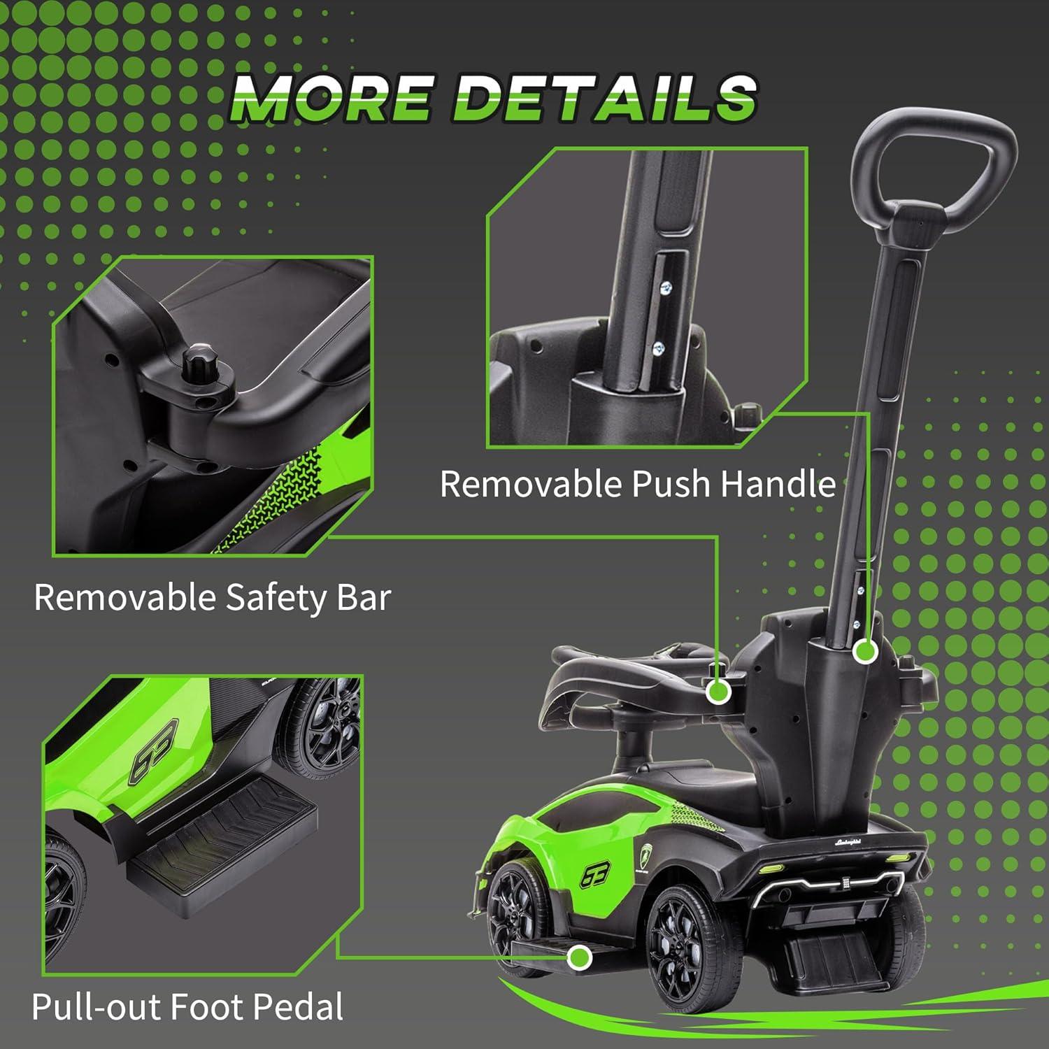 Aosom 2-in-1 Ride On Push Car for Toddlers 1-3, Licensed Lamborghini Stroller Sliding Car, Push-Along with Under Seat Storage Horn Engine Sound and Steering Wheel, Manual, Green