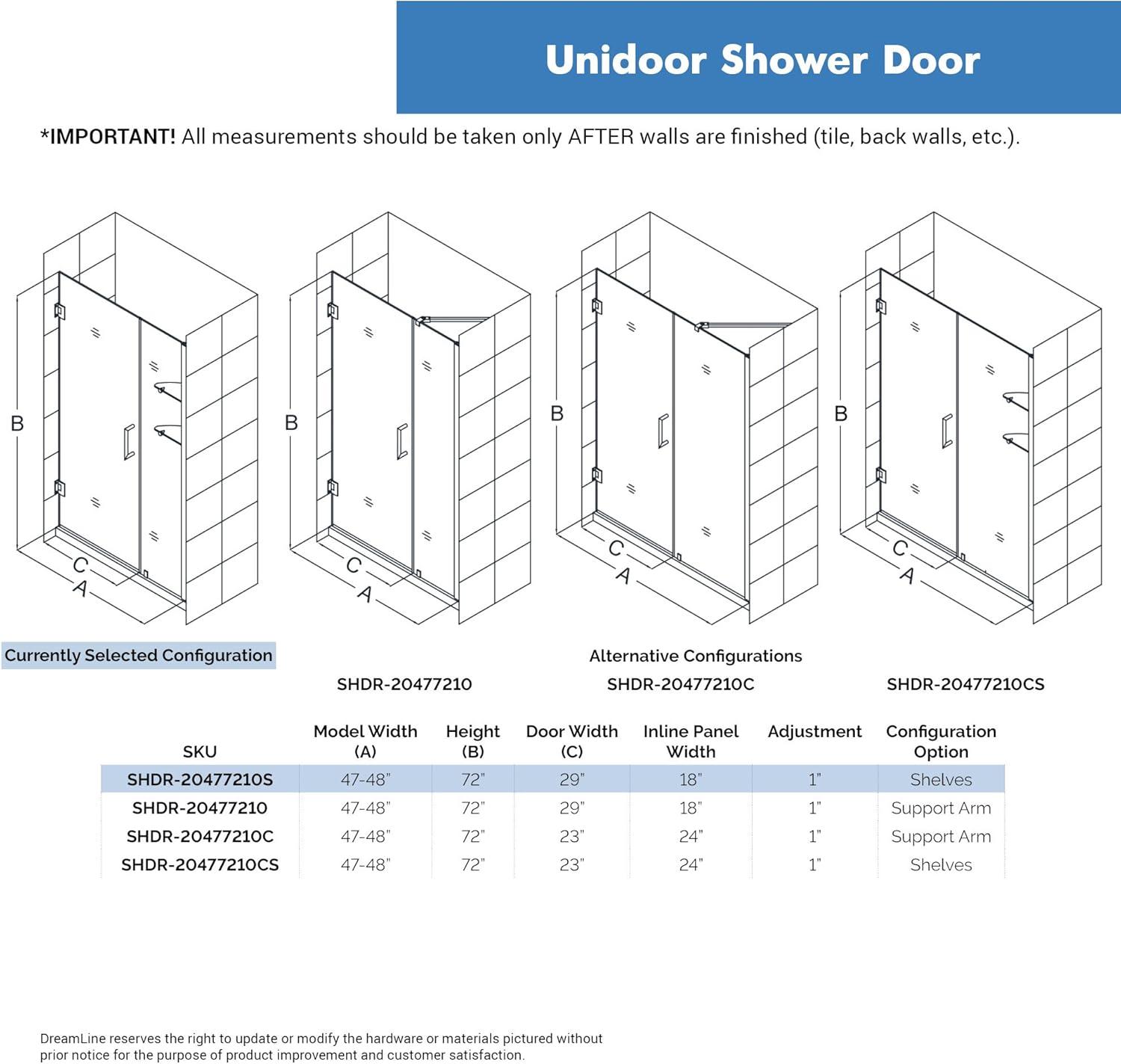 Unidoor 47" W x 72" H Hinged Frameless Shower Door with Clearmax™ Technology