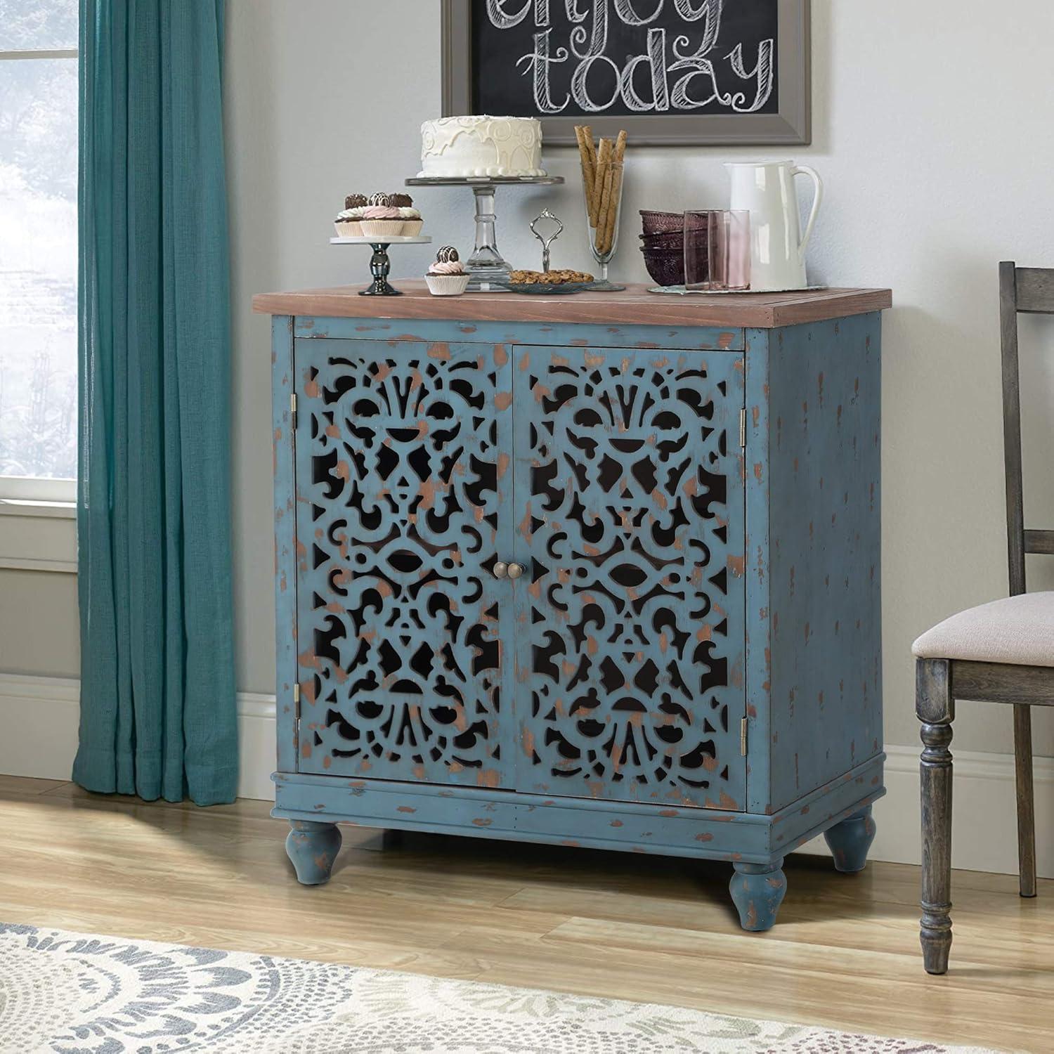 Phi Villa  2-door Retro Antique Hollow-Carved Storage Cabinet Blue